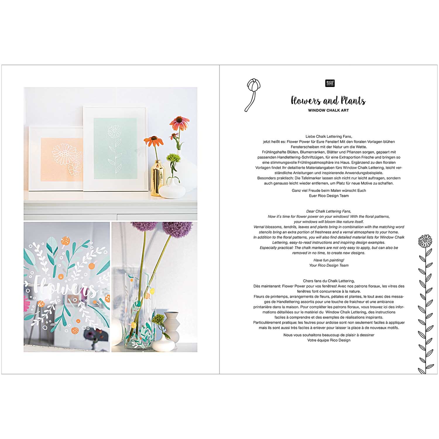 Vorlagenmappe Flowers and Plants zeigt kreative Fenster- und Glasmalerei mit floralen Motiven und Kreidestiften, ideal für dekorative Kunstprojekte.