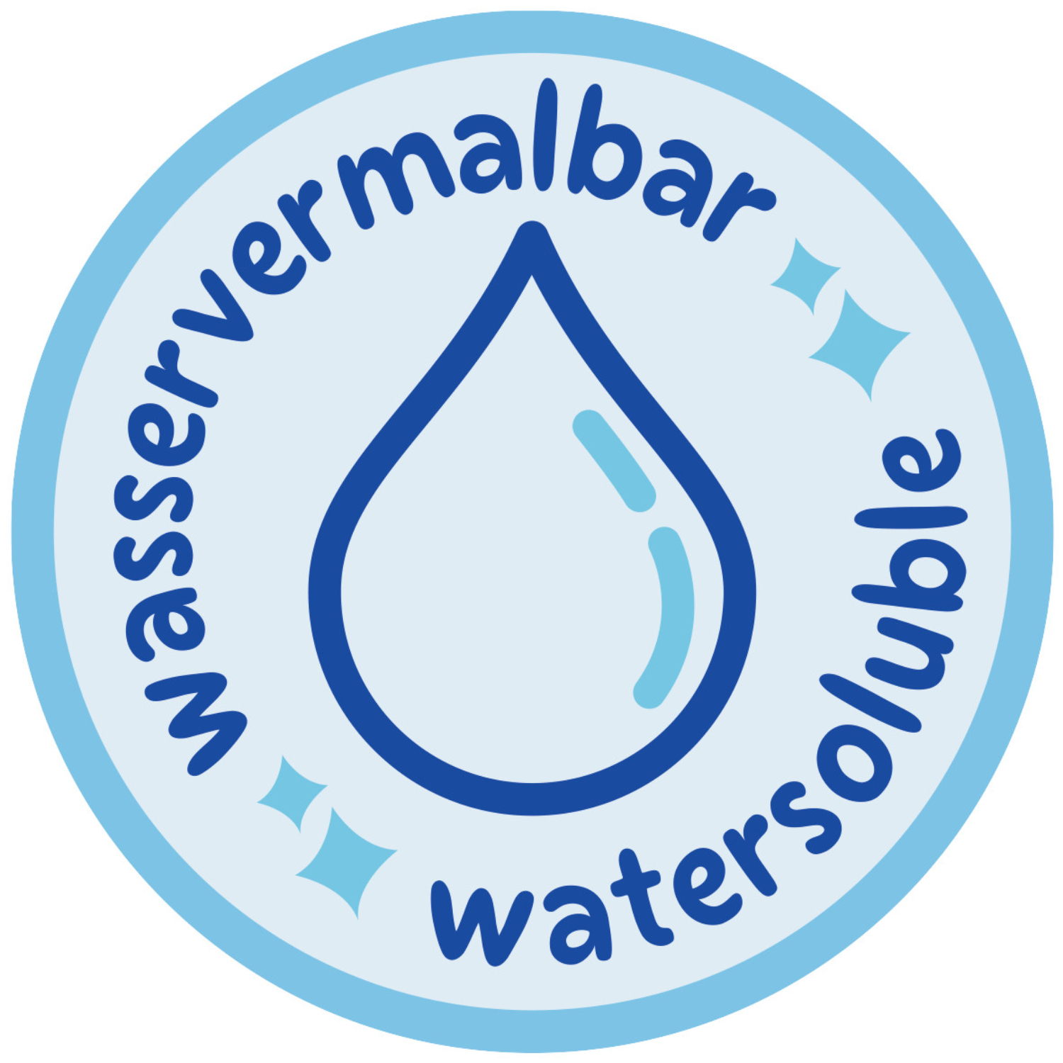 Wachsmaler rund mit blauem Etui, Pelikan. Wasserlöslich-Symbol in Blau auf hellem Hintergrund.
