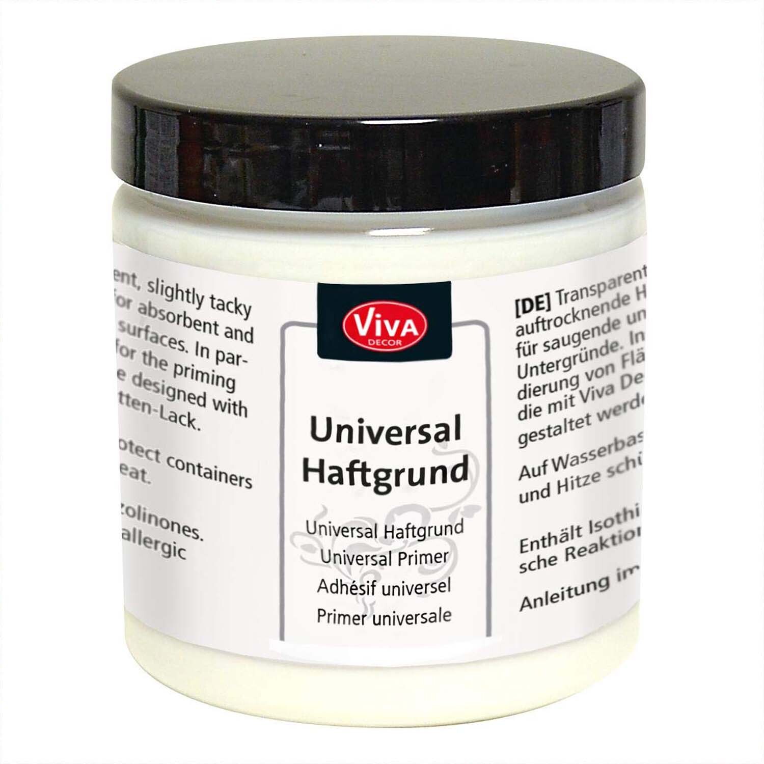 Haftgrund transparent 250ml von Viva Decor: Ein Glasbehälter mit schwarzem Deckel, ideal für vielseitige Anwendungen.