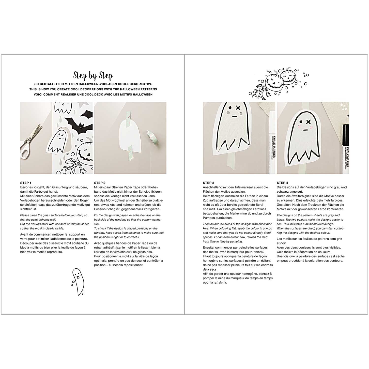 Vorlagenmappe für Halloween-Fensterbilder mit Kreidestiften von Rico Design. Anleitung zeigt Geistermotive und kreative Gestaltungsschritte.