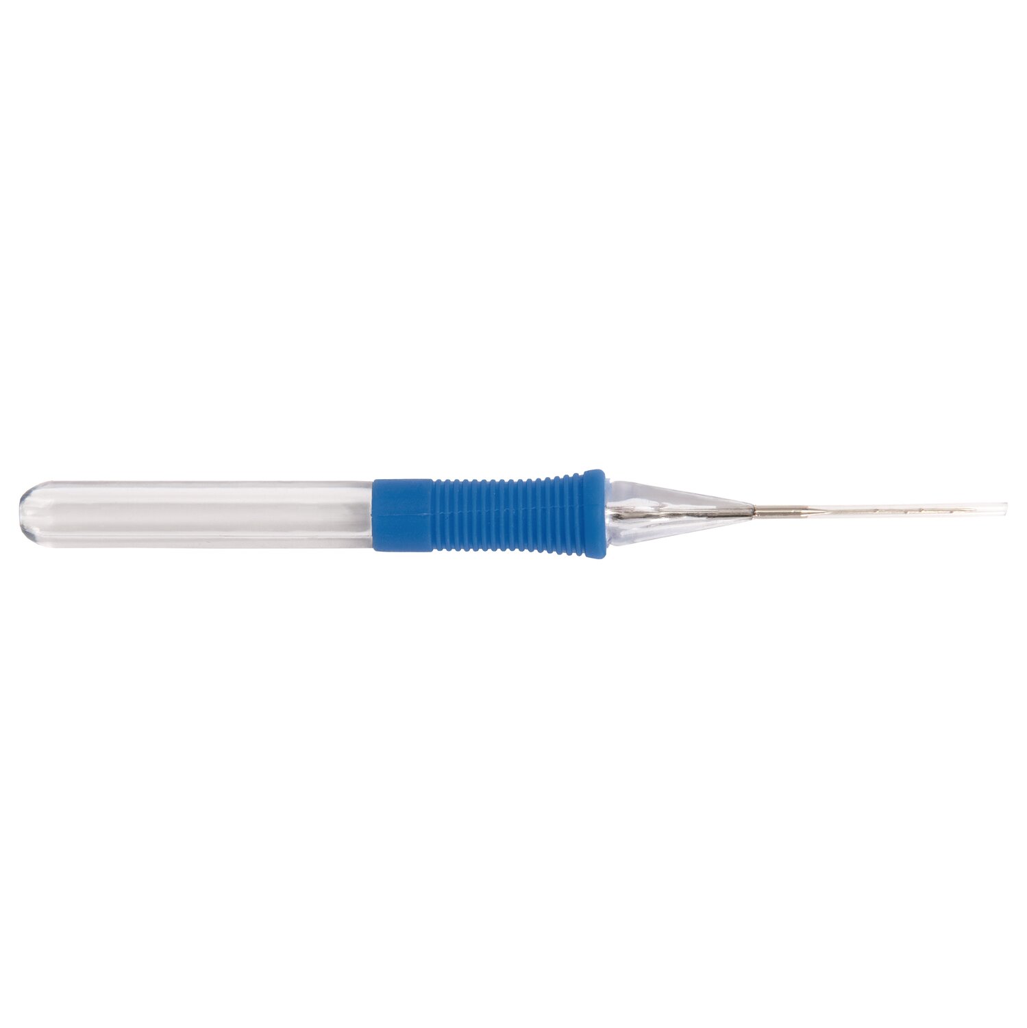 Filznadelhalter inkl. 7 Nadeln von Rico Design mit transparentem Griff und blauem, ergonomischem Softgriff, ideal zum präzisen Trockenfilzen von Wolle.