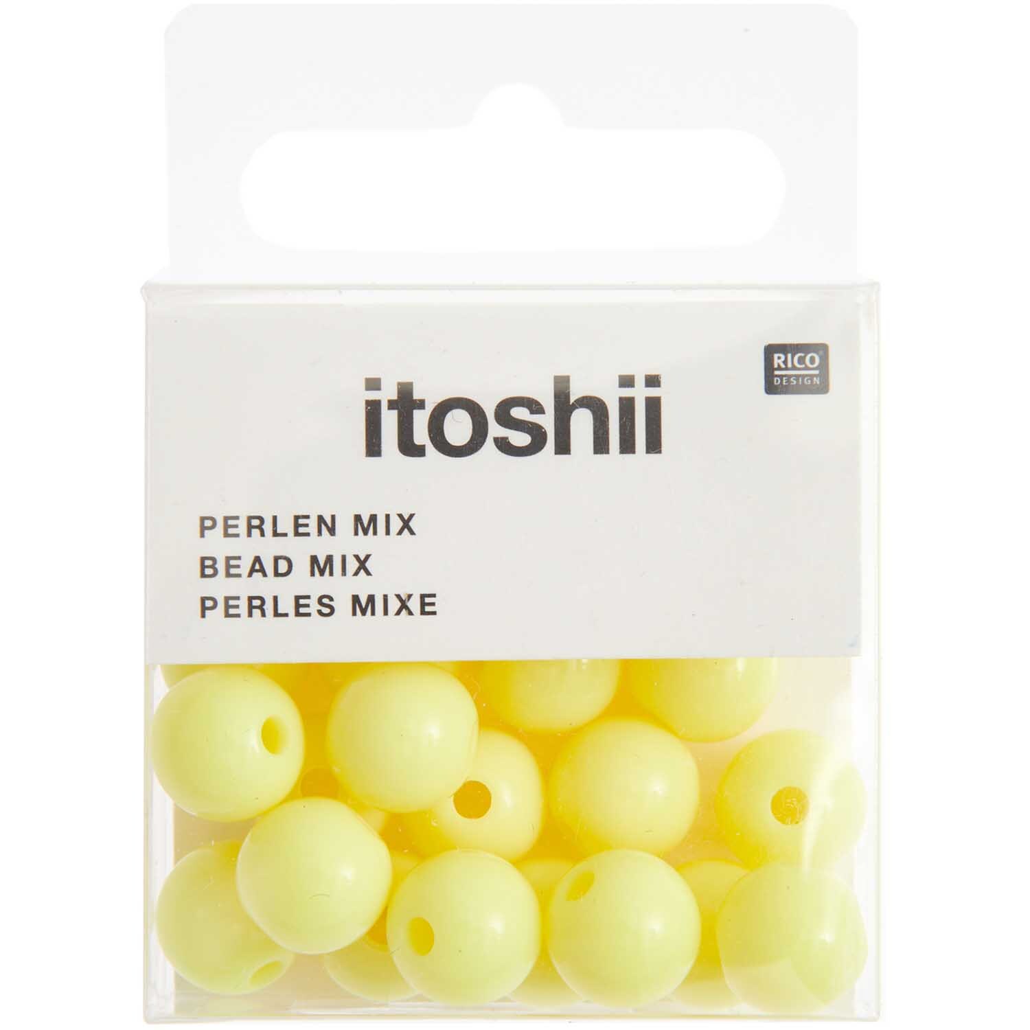 Itoshii Kunststoffperlen 10mm, 24 Stück in Gelb von Rico Design, in einer transparenten Verpackung.