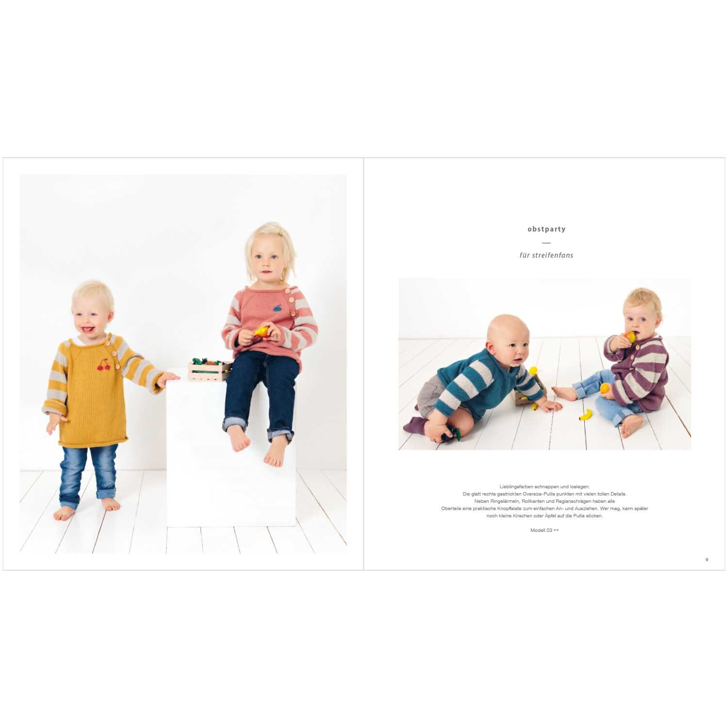 Rico Baby Heft Nr.27 zeigt zwei Kleinkinder in gestreiften Pullovern, die auf einem weißen Boden sitzen und spielen.