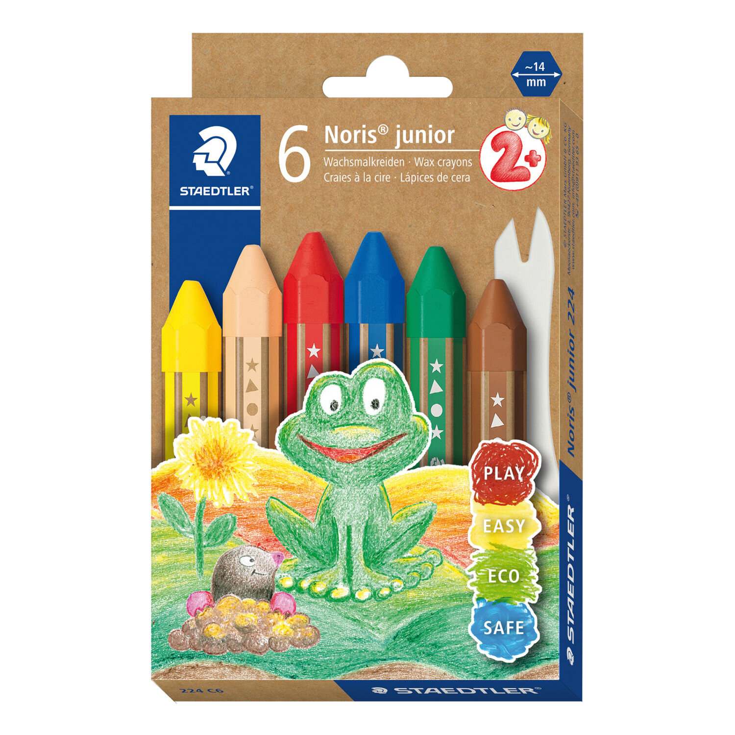 Noris Junior Wachsmalkreide Set 6 Stück mit sechs dicken Wachsmalstiften von Staedtler in verschiedenen Farbtönen in kindgerechter Verpackung mit Froschmotiv