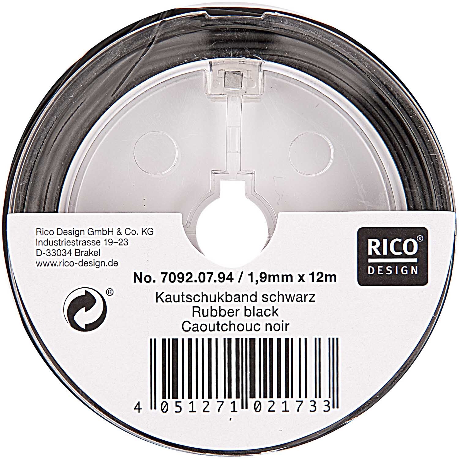 Kautschukband schwarz 1,2mm 20m von Rico Design, aufgerollt in einer transparenten Kunststoffspule.