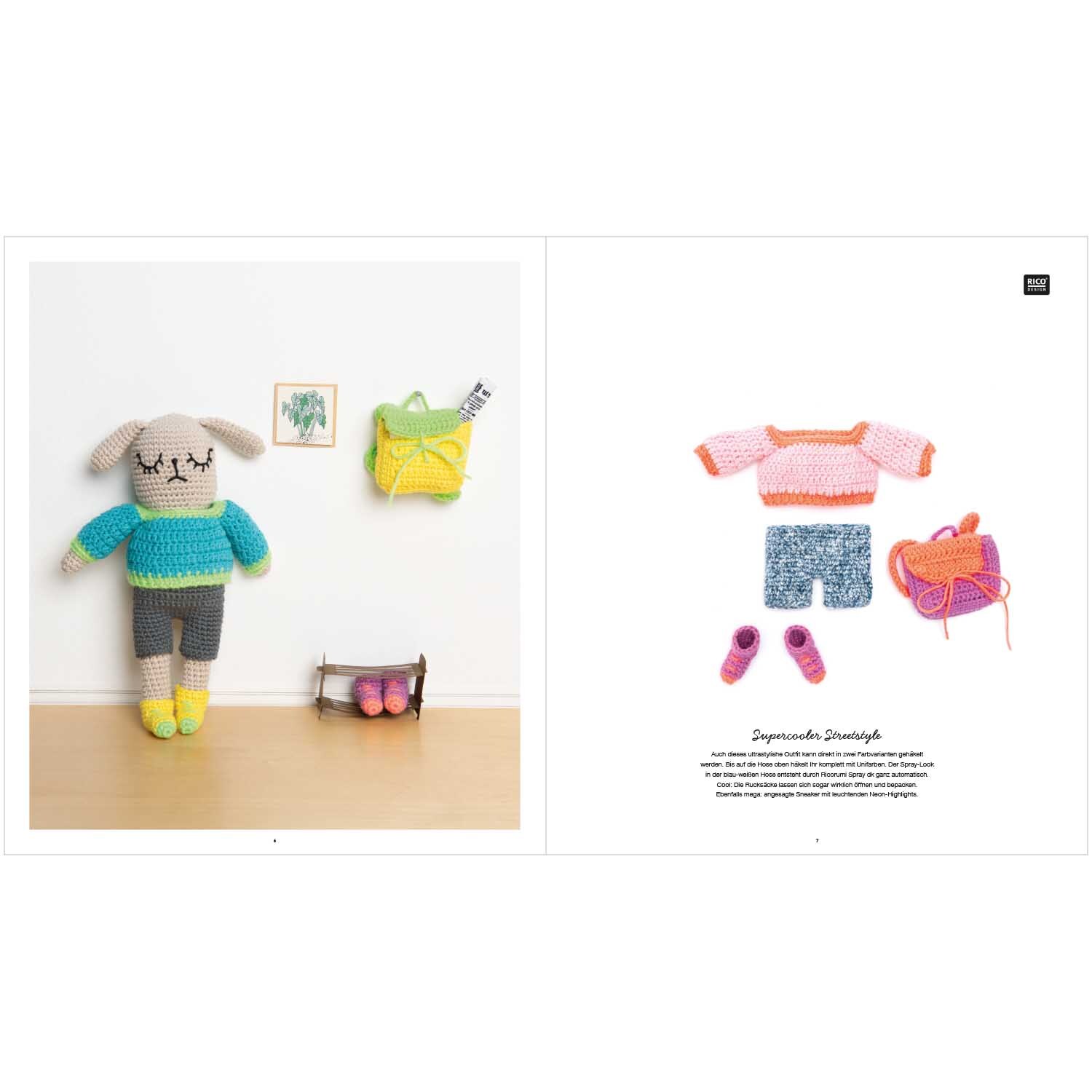 Ricorumi Dress Me deutsch: Gehäkelte Puppe mit buntem Outfit, gelbe Tasche und Schuhe von Rico Design.