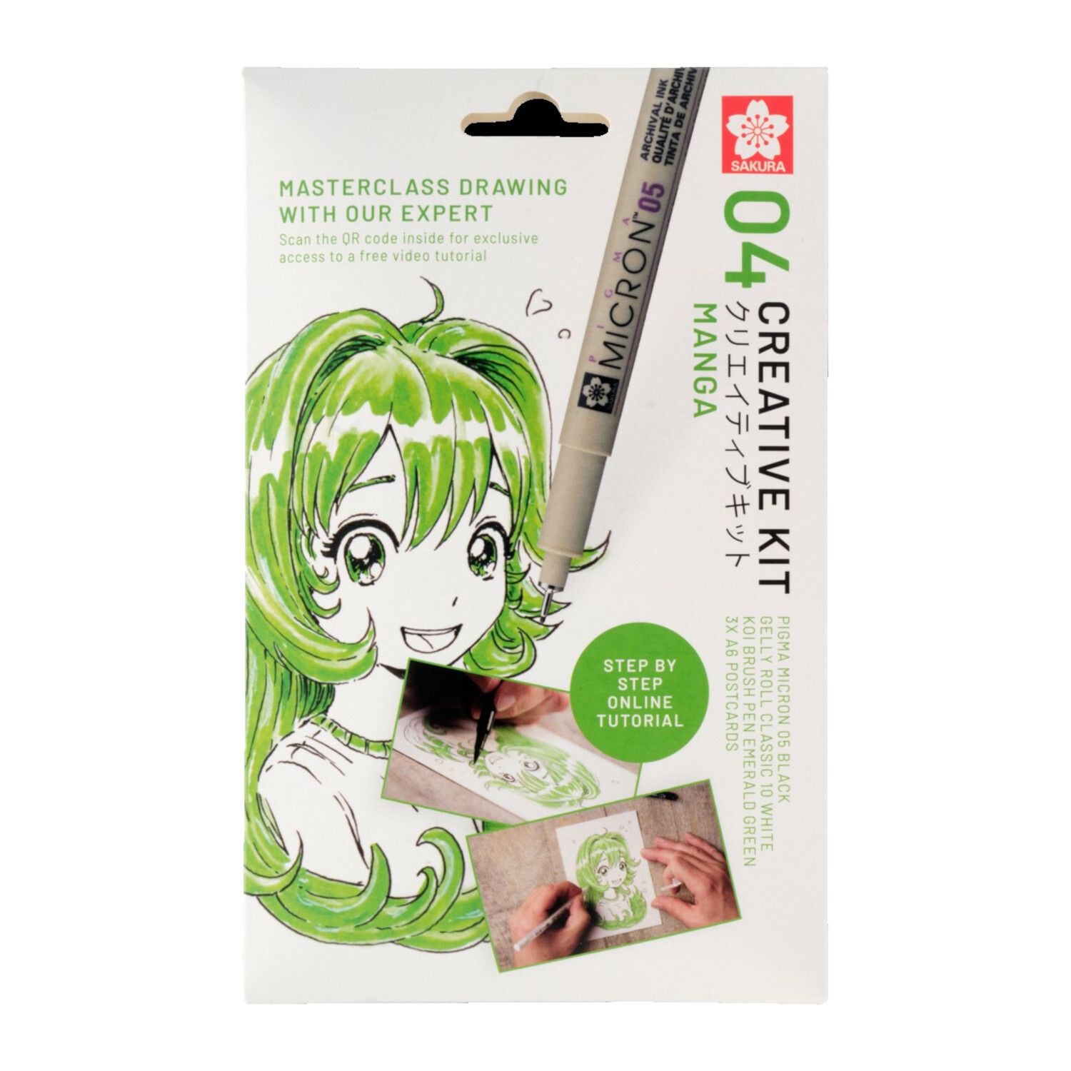 Kreativ-Set Manga: Zeichenset mit grünem Manga-Motiv und SAKURA Micron-Stift für kreative Projekte.