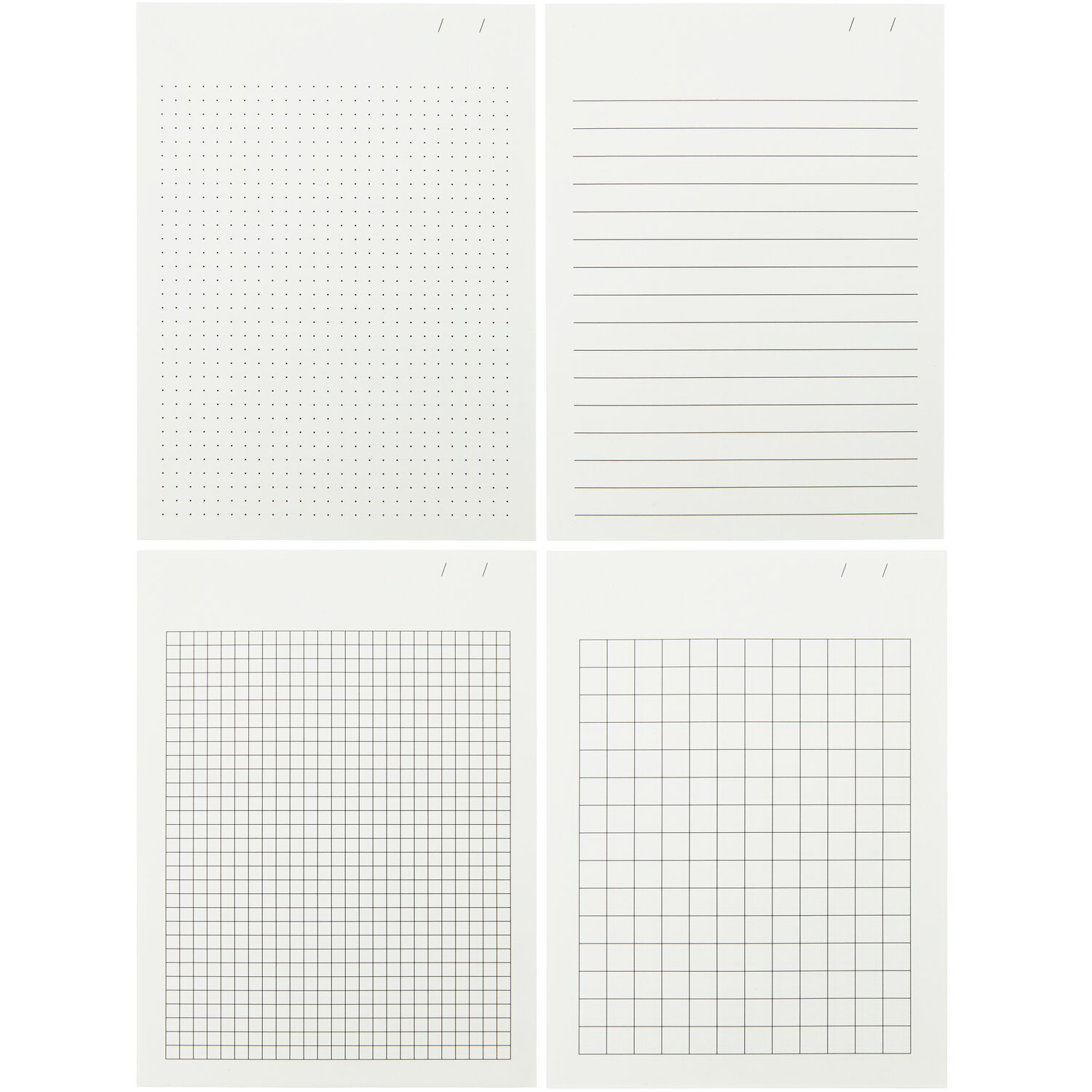 Paper Poetry Notizbuch L, 15x20cm, zeigt vier Seiten mit gepunkteten, linierten und karierten Mustern. Ideal für kreative Notizen.