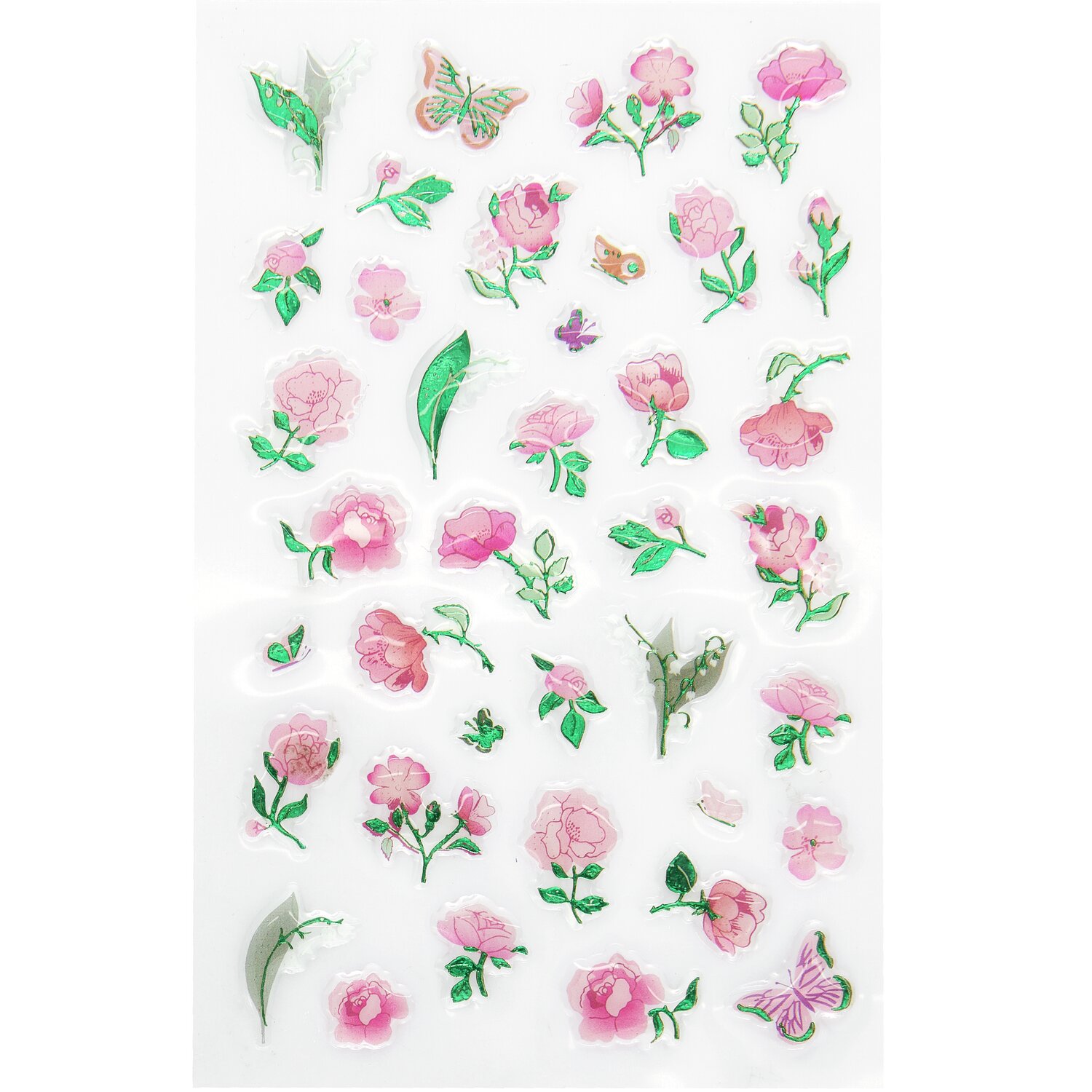 Paper Poetry Gel Sticker La Vie en Rose: Rosa Blumen und Schmetterlinge auf transparentem Hintergrund. Ideal für kreative Bastelprojekte.