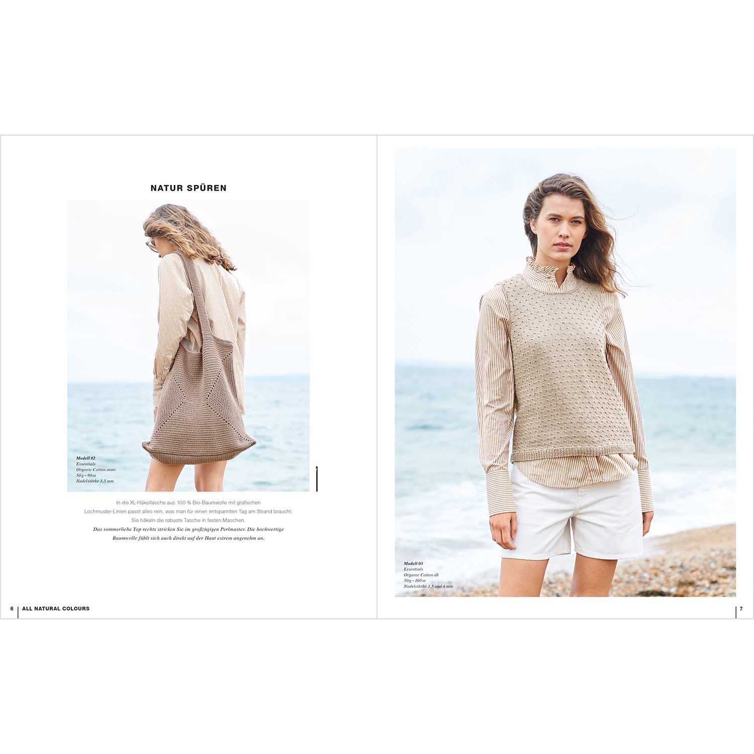 Lovewool Nr.14 Handstrickmagazin Frühjahr-Sommer zeigt ein Modell am Strand in einem eleganten, hellen Outfit von Rico Design.