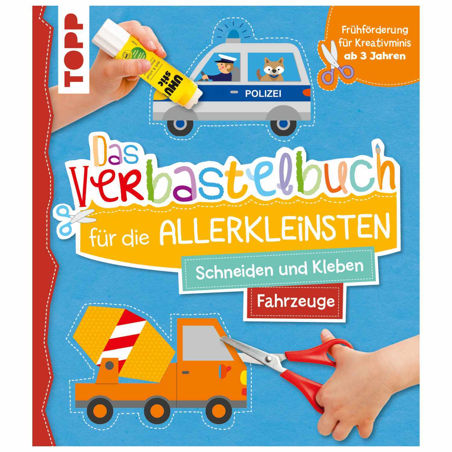 Verbastelbuch Fahrzeuge: Buntes Bastelbuch für Kinder ab 3 Jahren, Marke TOPP, mit Fahrzeugmotiven.