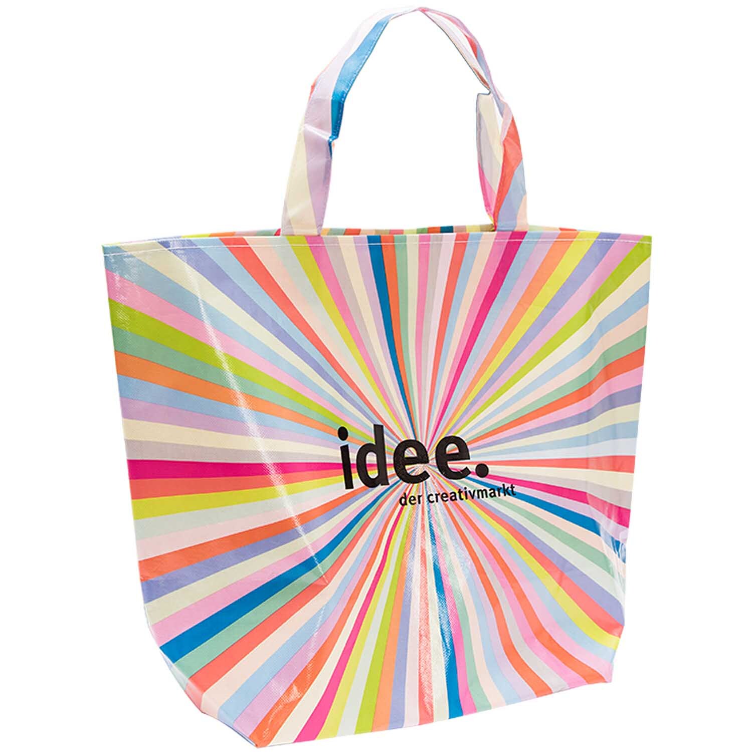 Einkaufstasche 54x43x20cm mit buntem Streifenmuster und dem Logo von idee. Creativmarkt.
