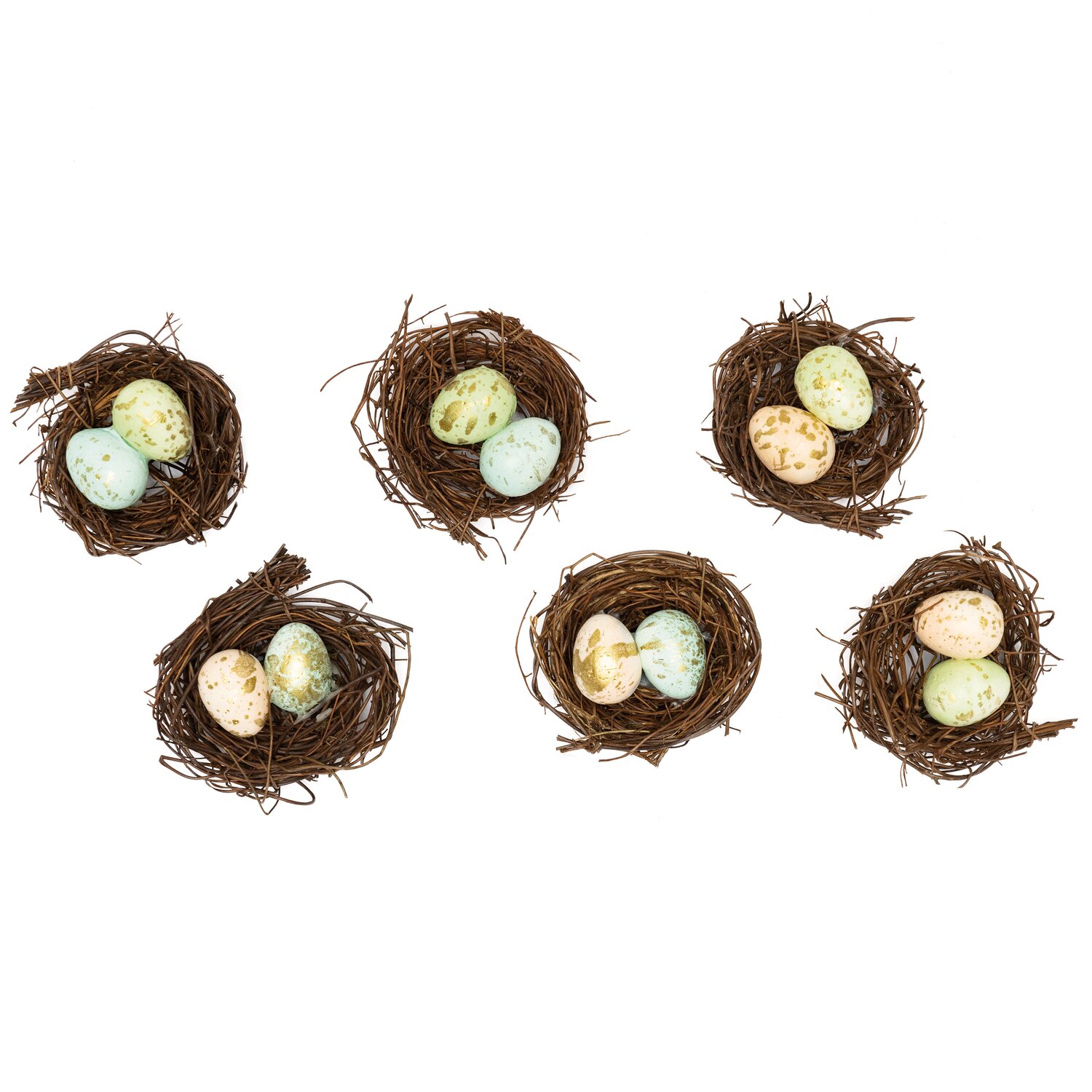 Osternest mit Eiern dunkel 7cm 6 Stück: Sechs braune Nester mit bunten Eiern von Rico Design.