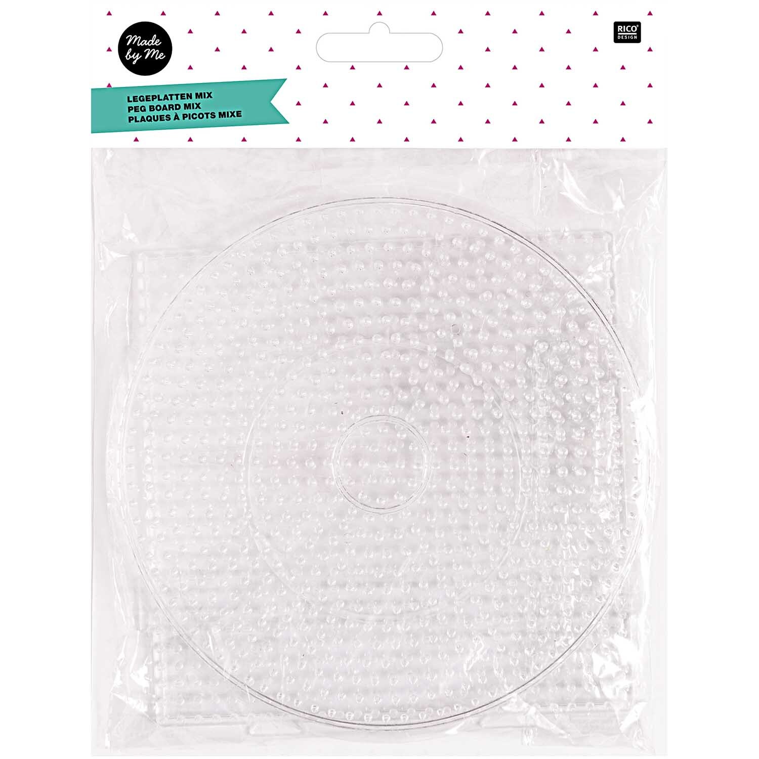 Bügelperlen Legeplatten groß 2 Stück von Rico Design, transparent, in quadratischer Verpackung. Ideal für kreative Bastelprojekte.