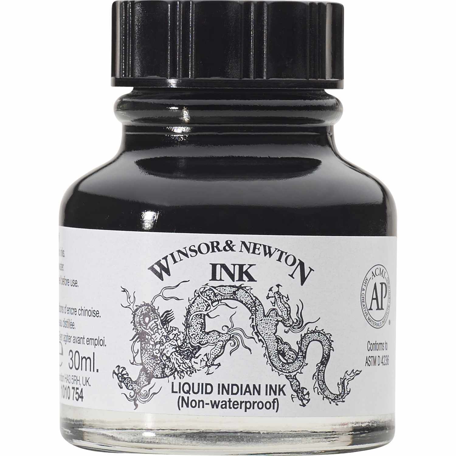 Zeichentusche 30ml von Winsor & Newton in einer schwarzen Flasche mit detailliertem Drachenmotiv.