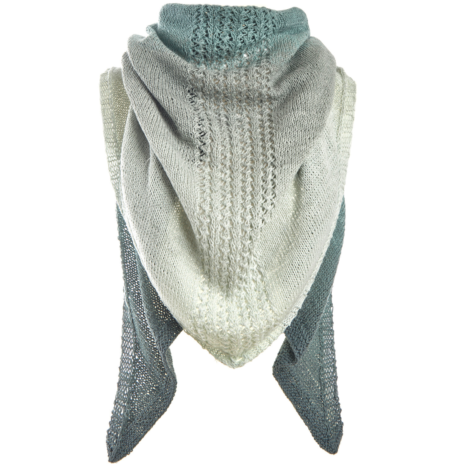 Creative Cotton Dégradé Lucky 8: Dreieckstuch in sanften Grüntönen, gestrickt aus hochwertigem Garn, ideal für stilvolle Akzente.