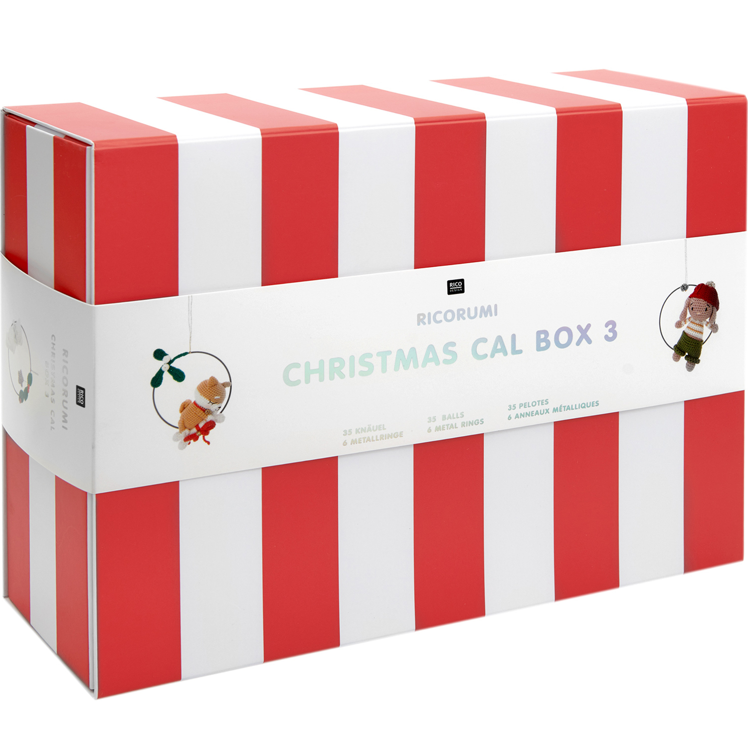 Ricorumi dk Christmas CAL Box 3 von Rico Design, rot-weiß gestreifte Geschenkbox mit weihnachtlichen Motiven.