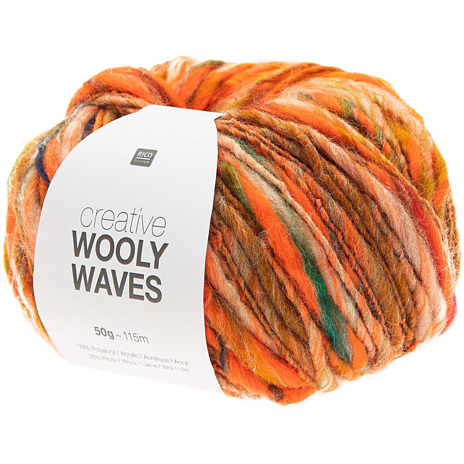 Creative Wooly Waves: Weiches Garn in lebhaftem Orange von Rico Design, 50g, 115m Länge. Ideal für kreative Strickprojekte.