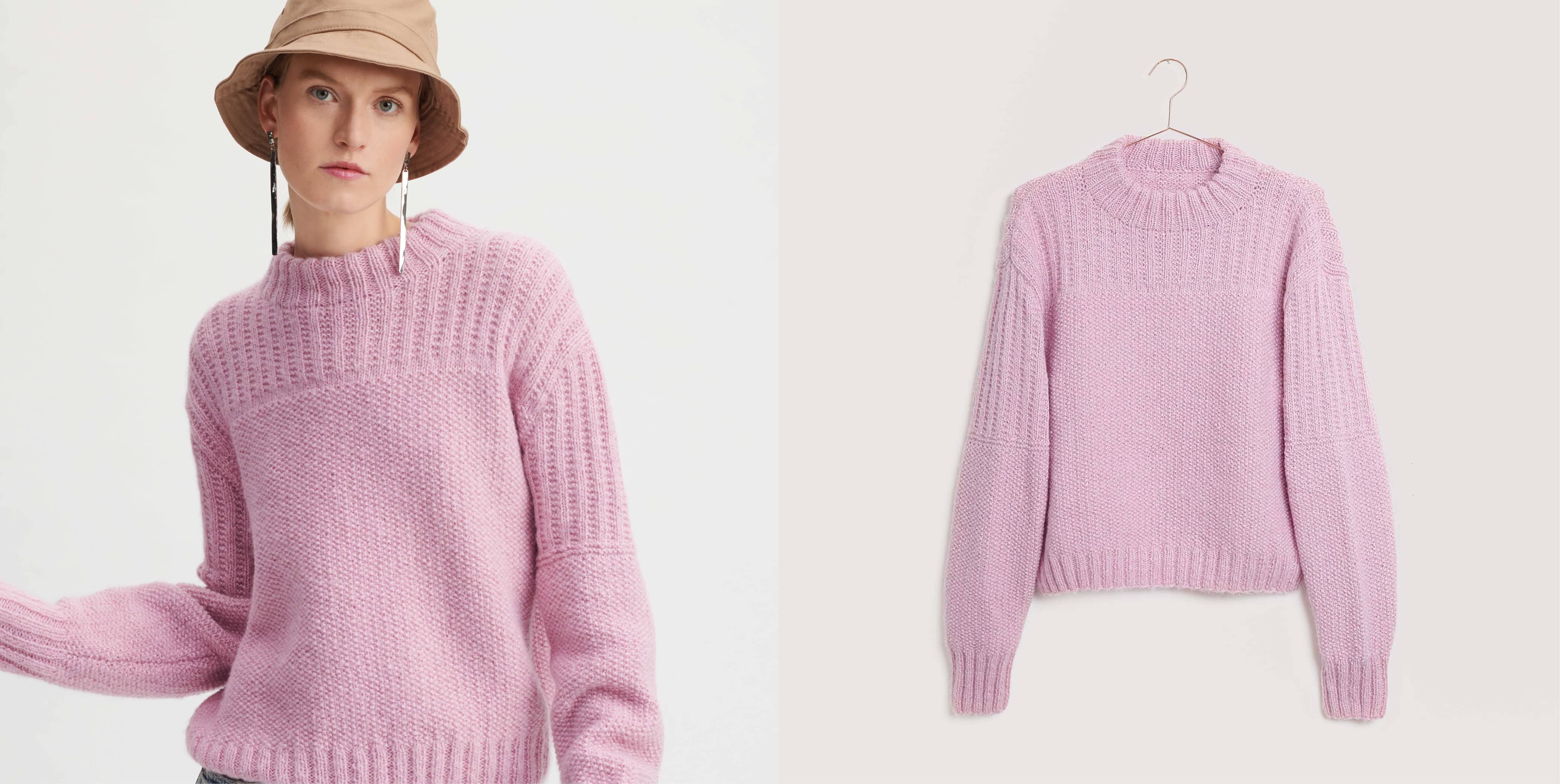 Gestrickter Pullover in Rosa Modell 35 aus Made by Me No. 18 getragen am Model und auf einem Kleiderbügel