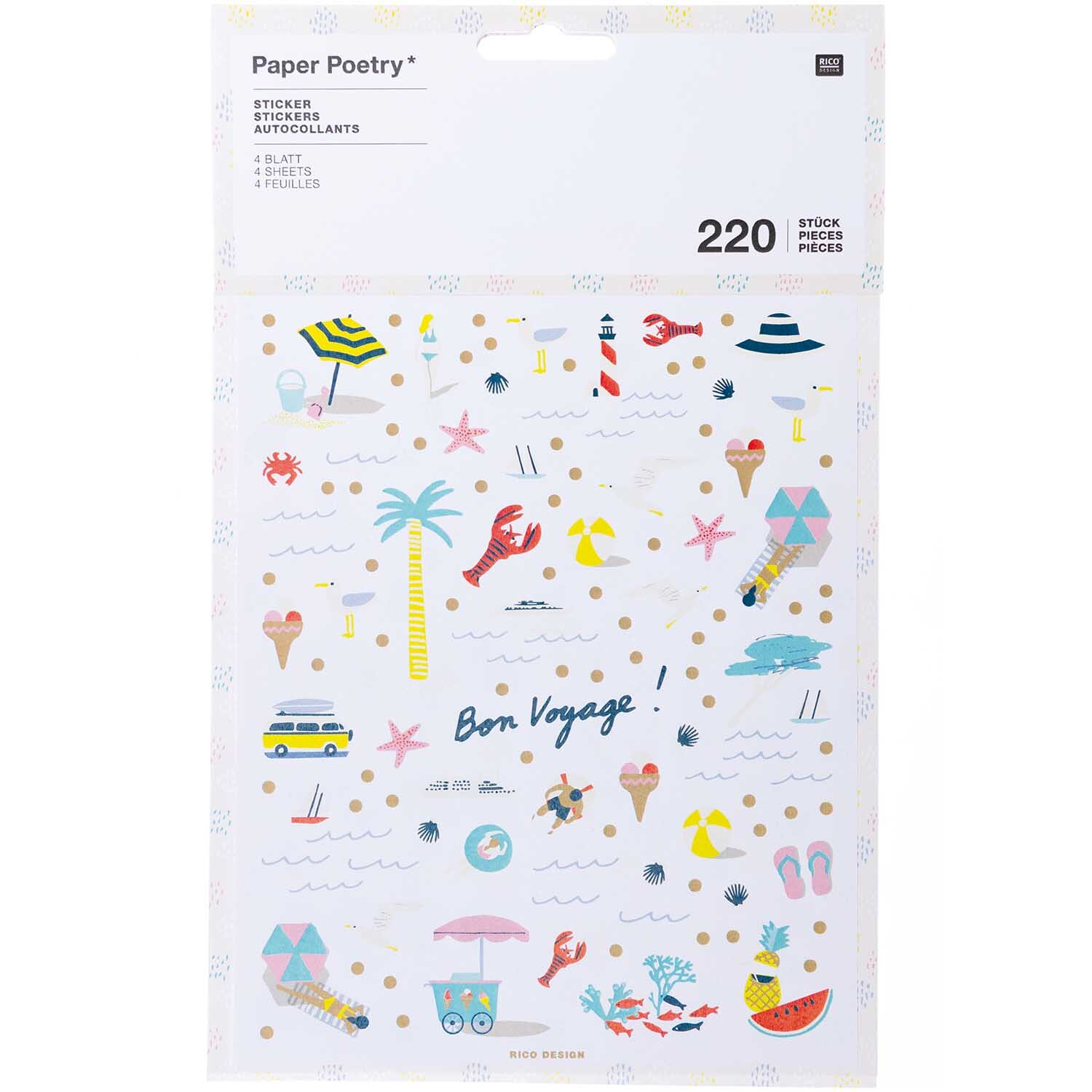 Paper Poetry Sticker Maritim mit 220 bunten Motiven wie Anker, Palmen und Boote von Rico Design.