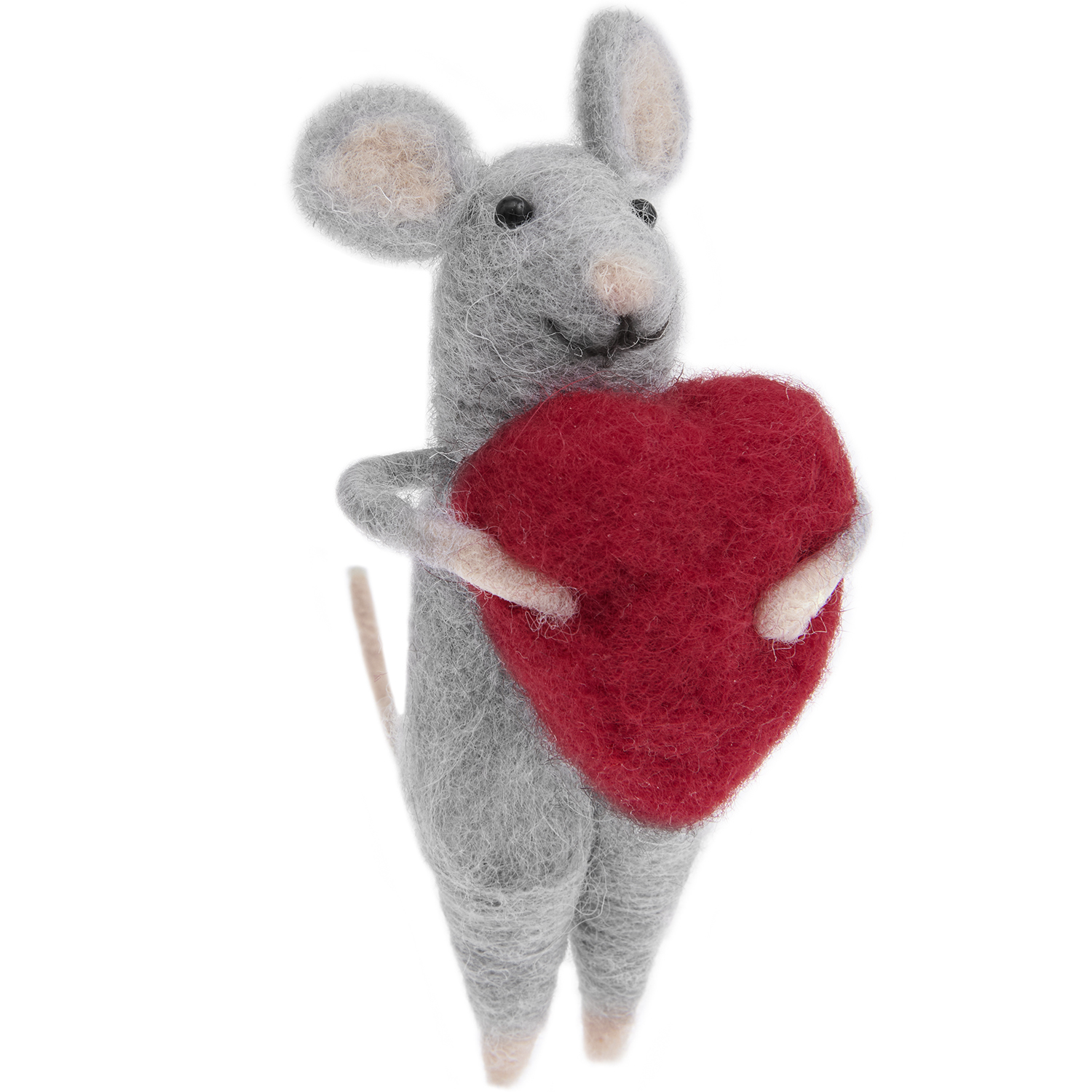 Filzmaus mit rotem Herz 11,5cm von Rico Design. Graue Filzmaus hält ein großes rotes Herz.