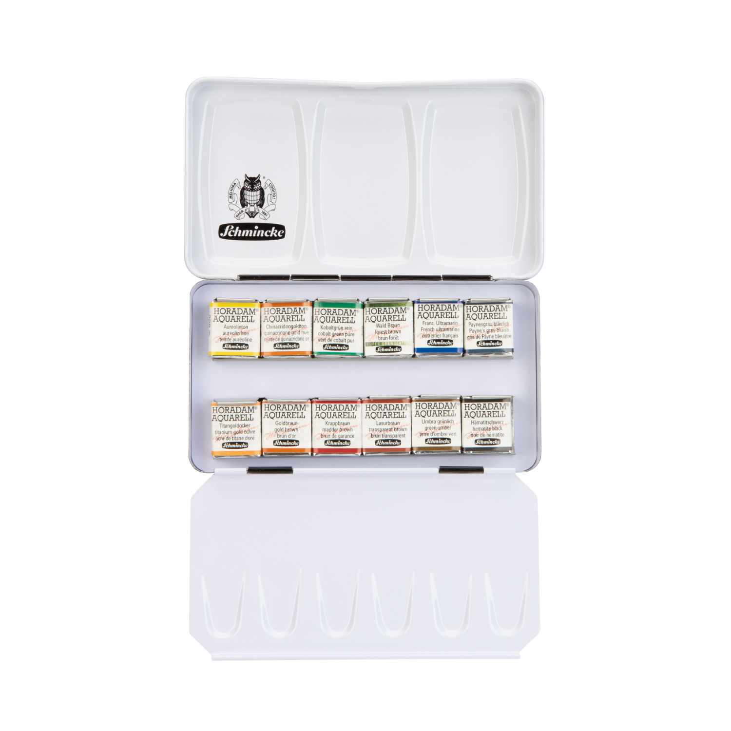 Schmincke Horadam Aquarellkasten mit 12 halben Näpfen, geöffnet, zeigt verschiedene Farbtöne.