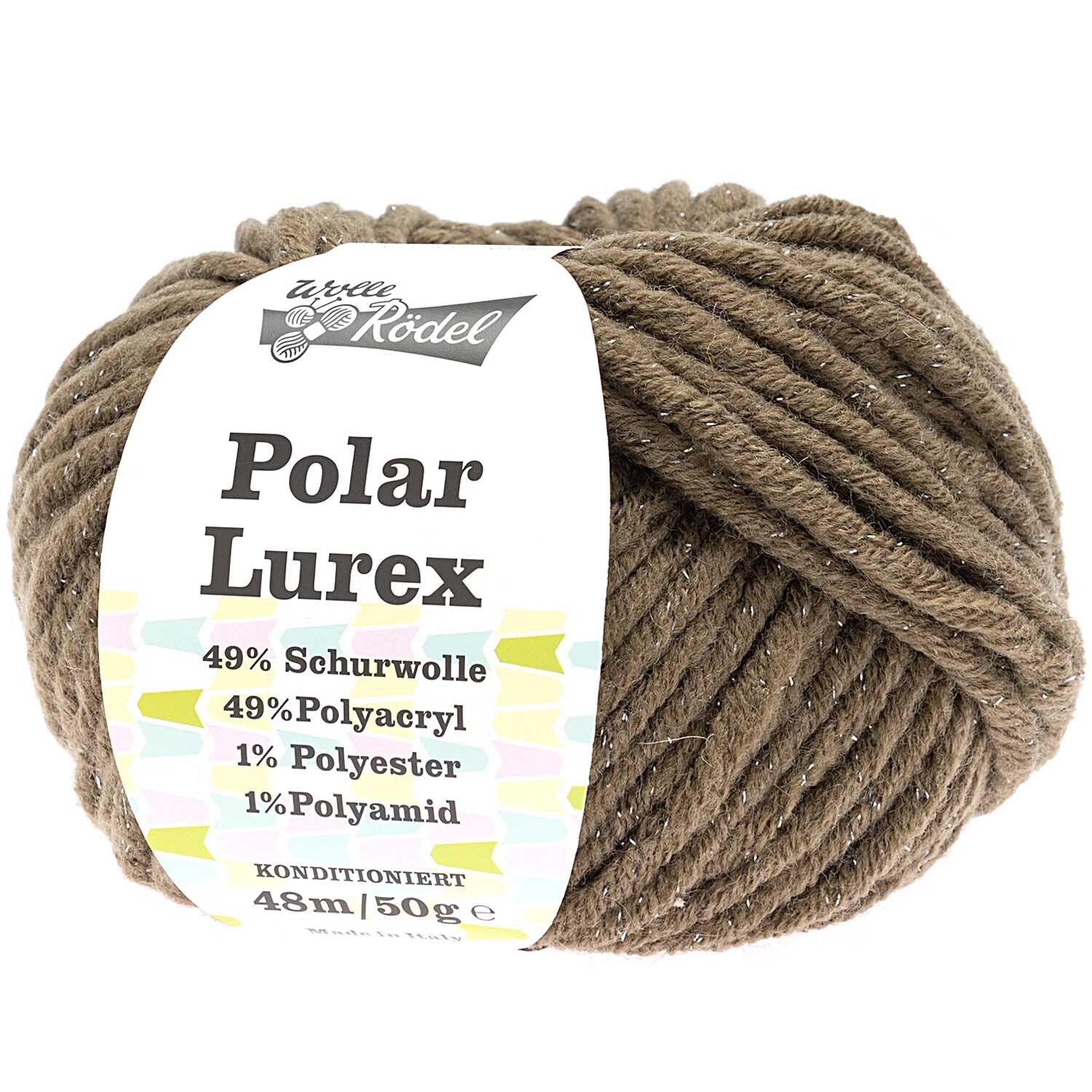 Polar Lurex Wolle in Oliv von Wolle Rödel, 50g Knäuel, ideal für Strickprojekte.
