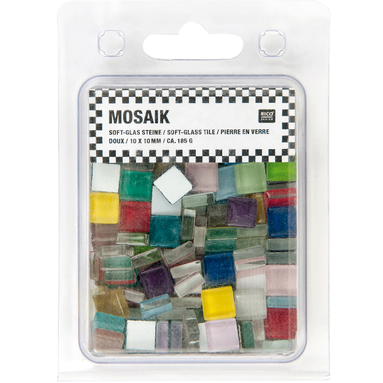 Soft-Glas Mosaiksteine Mix 185g in einer transparenten Verpackung, mehrfarbig, von Rico Design. Ideal für kreative Bastelprojekte.