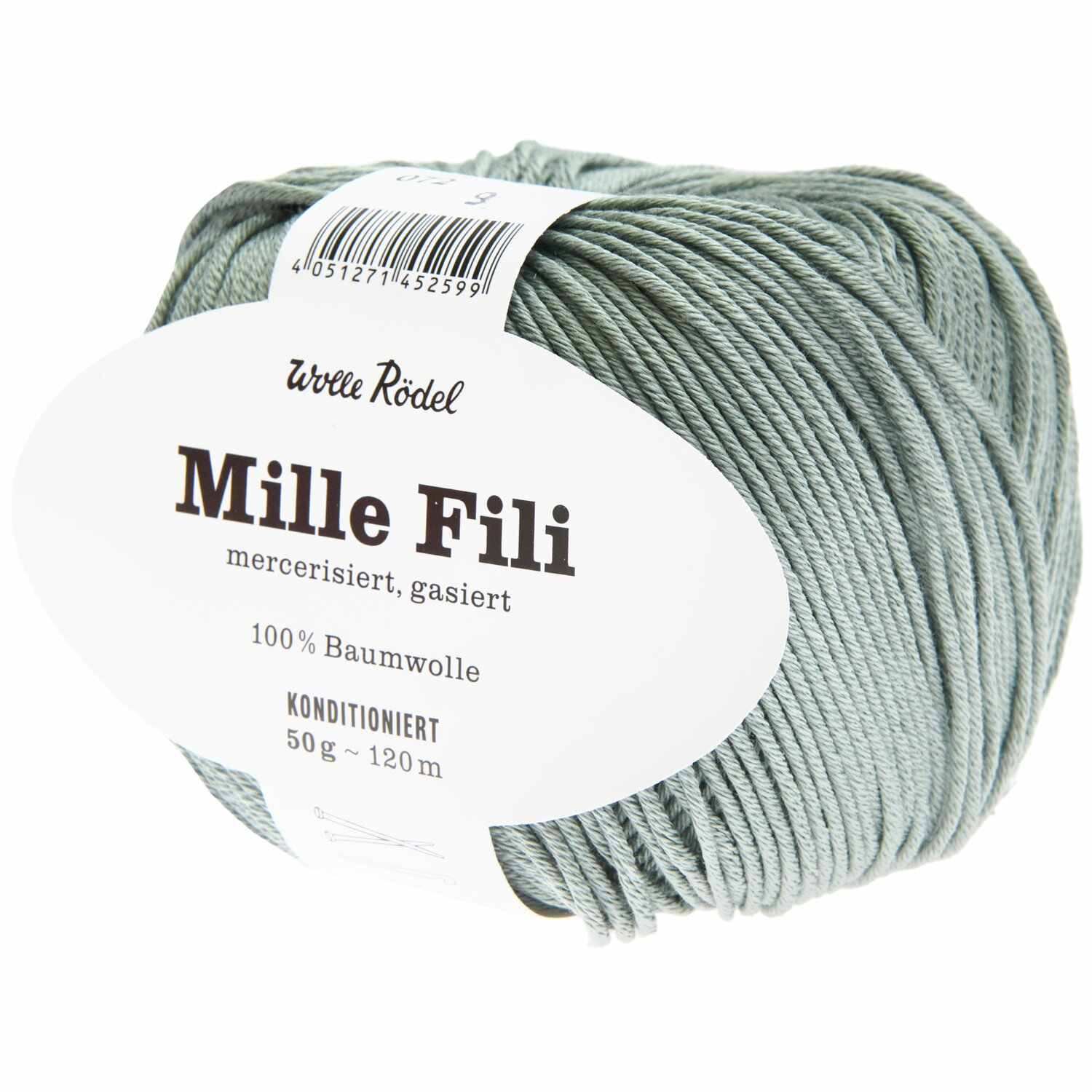 Mille Fili Strickset Jacke Modell 18 zeigt ein Knäuel aus 100% Baumwolle in Salbei von Wolle Rödel.