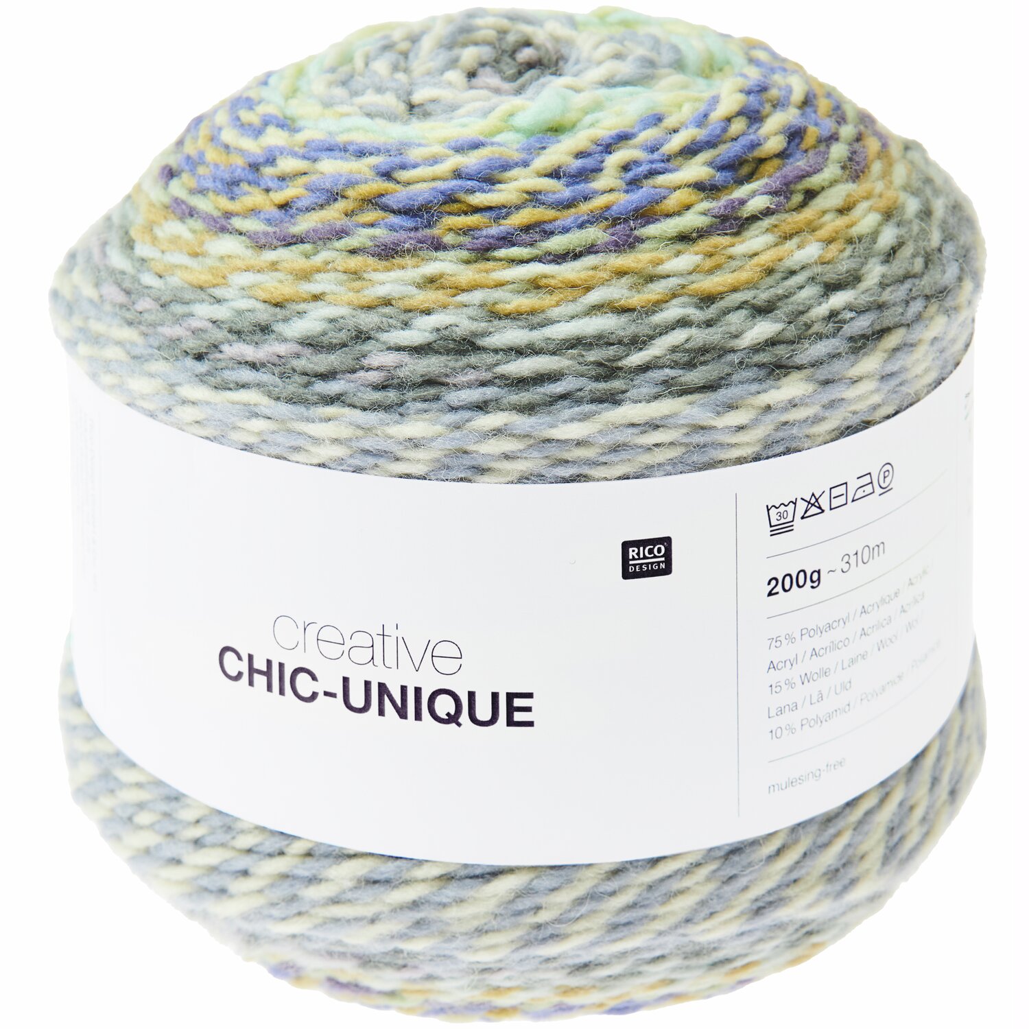Creative Chic-Unique, bunte Wolle von Rico Design, 200g 310m, ideal für Strickprojekte.
