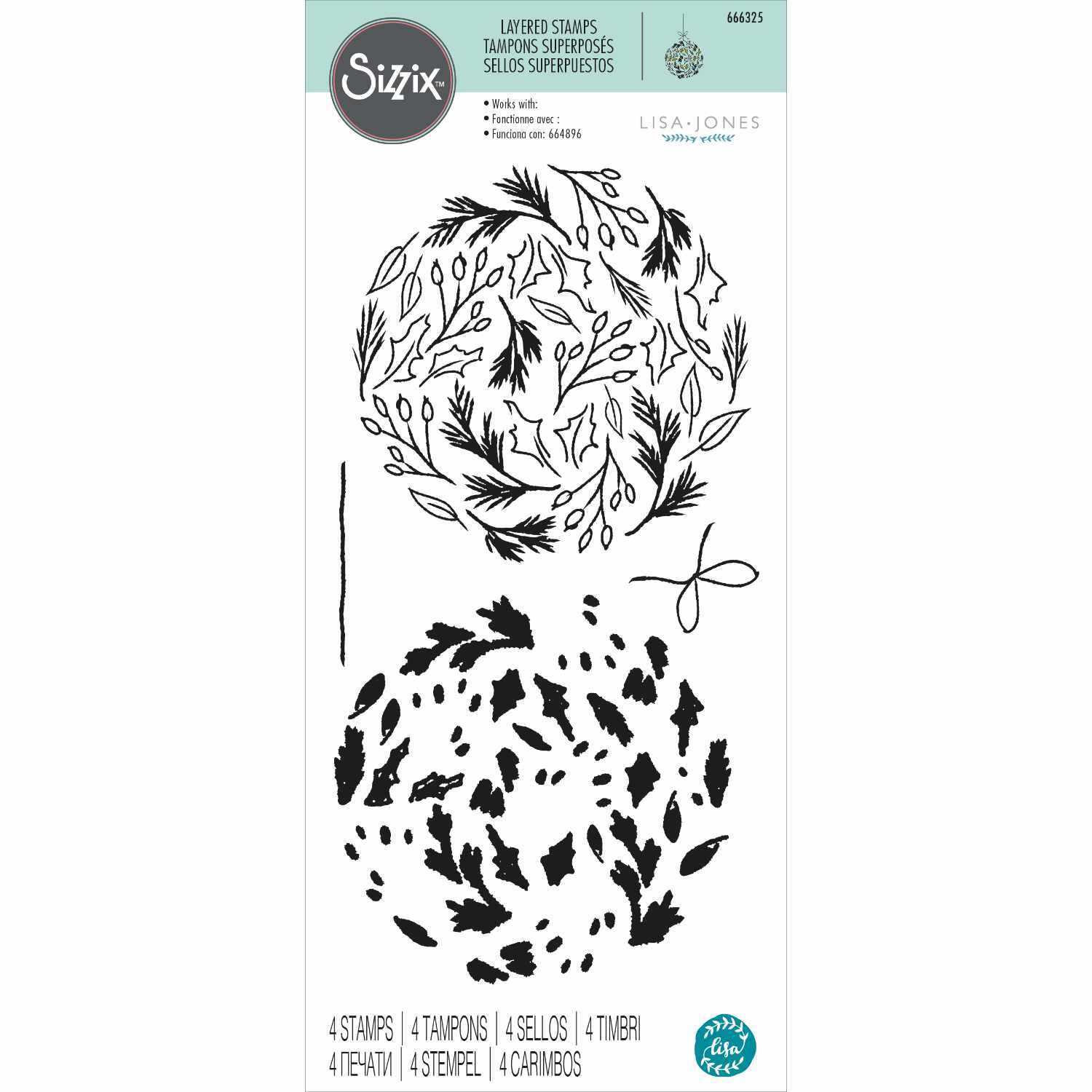 Layered Clear Stamps Leafy Ornament zeigt schwarze, blattförmige Muster auf weißem Hintergrund, entworfen von Lisa Jones für Sizzix.