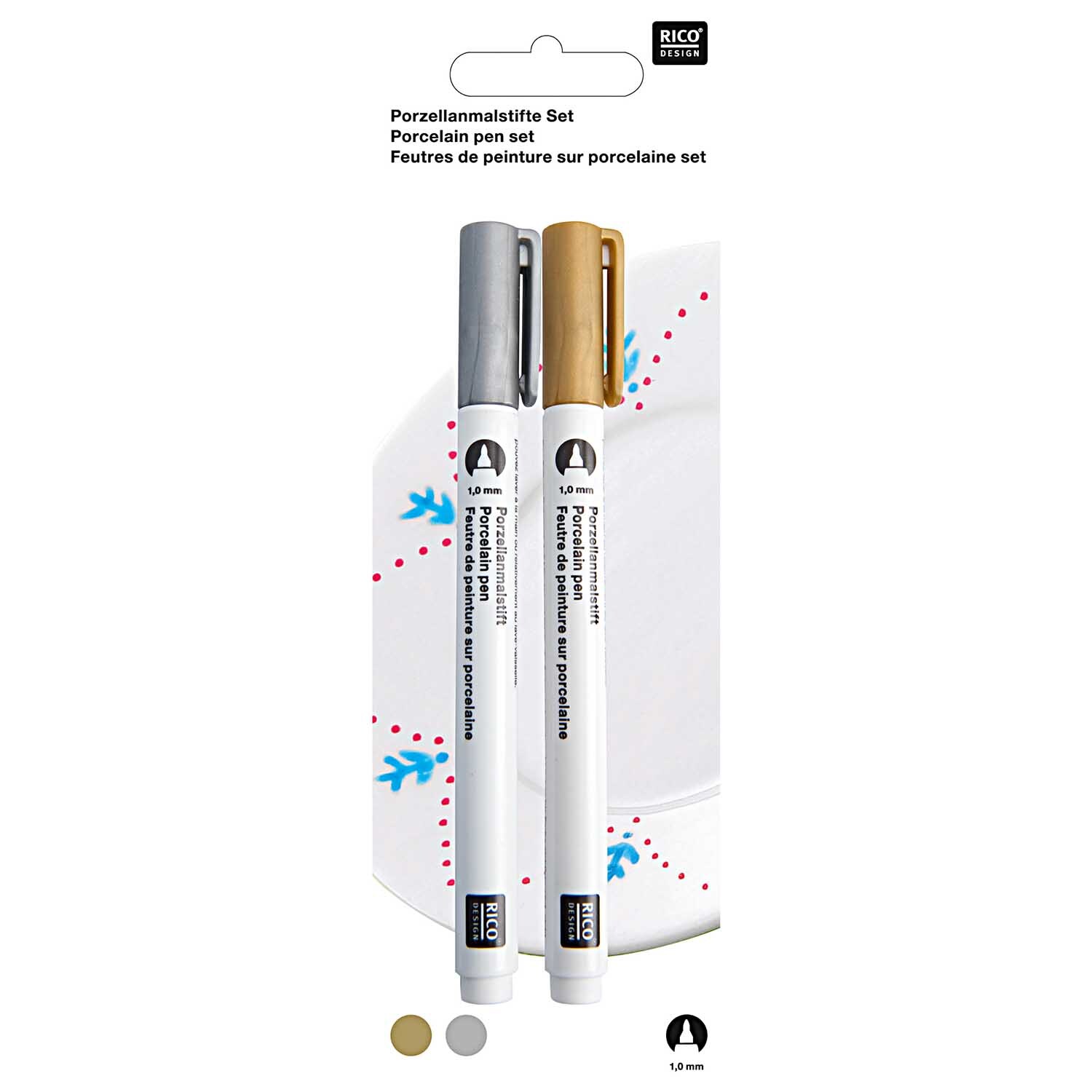 Porzellanmalstifte gold und silber von Rico Design, ideal zum Dekorieren von Geschirr. Enthält zwei Stifte in eleganten Farben für kreative Designs.