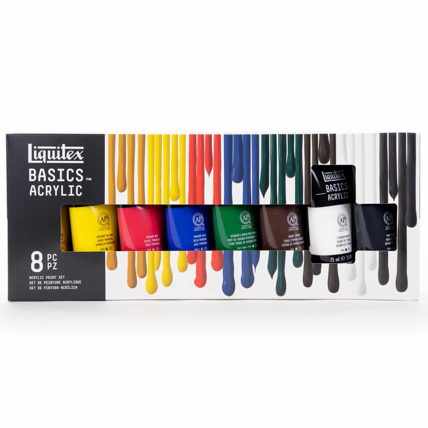 Basics Acrylfarben Set 8x75ml von Liquitex zeigt acht bunte Tuben in einer Verpackung mit Farbmuster.