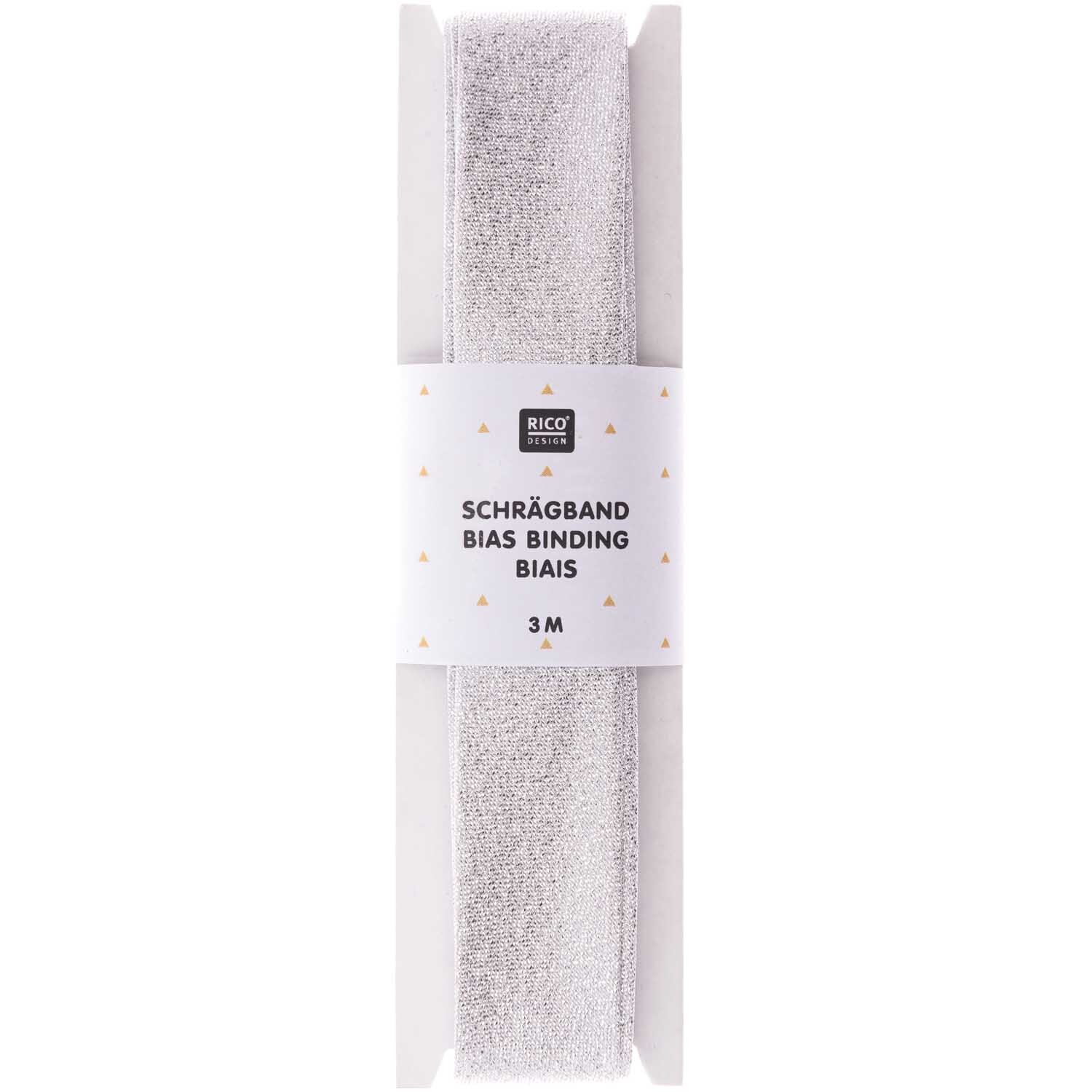 Schrägband silber 2cmx3m von Rico Design, präsentiert auf einer Verpackung, ideal für Nähprojekte.