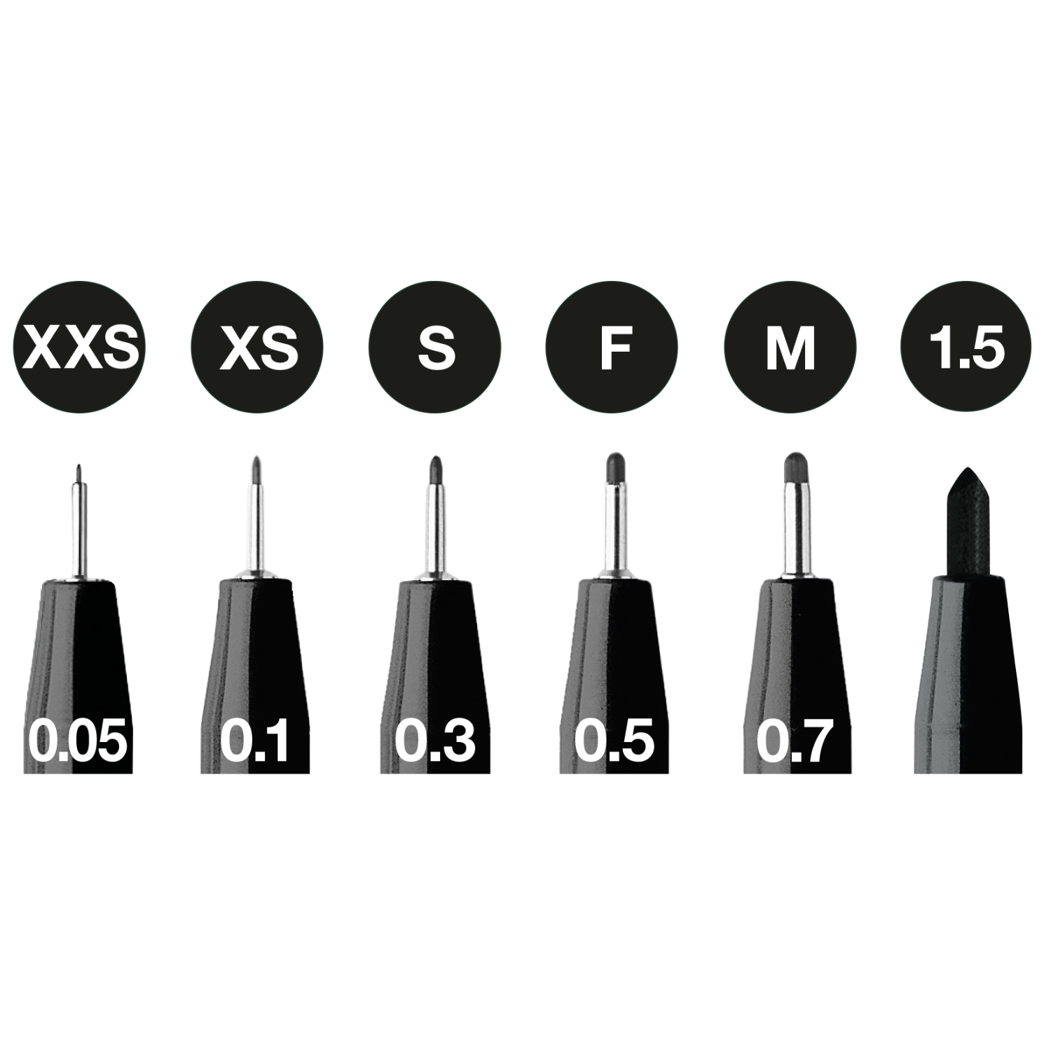 Pitt Artist Pen Tuschestift Set Schwarz, 6-teilig, zeigt verschiedene Spitzenstärken von XXS bis 1.5. Ideal für präzises Zeichnen und Skizzieren.