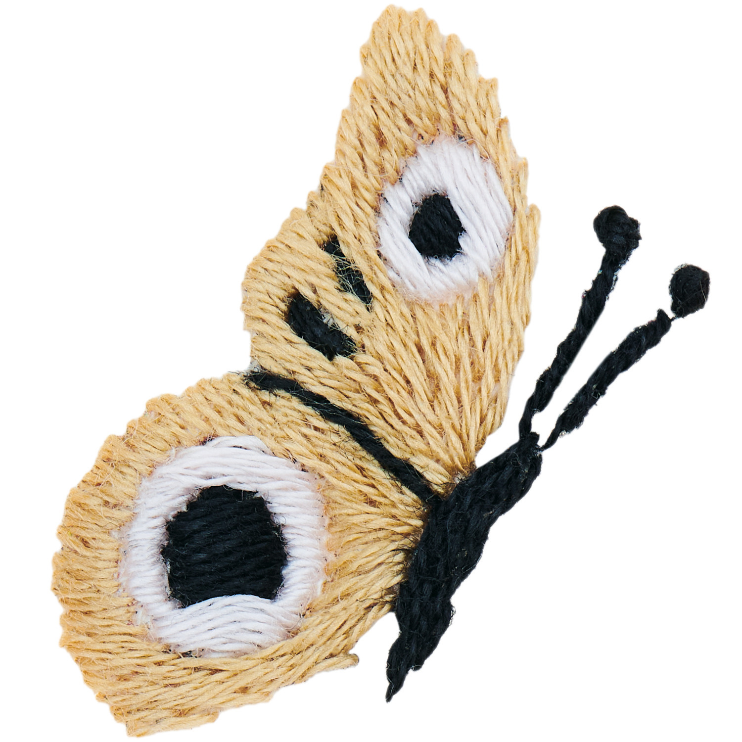 Stick and Stitch Schmetterlinge von Rico Design: Gestickter gelber Schmetterling mit detaillierten Flügelmustern.