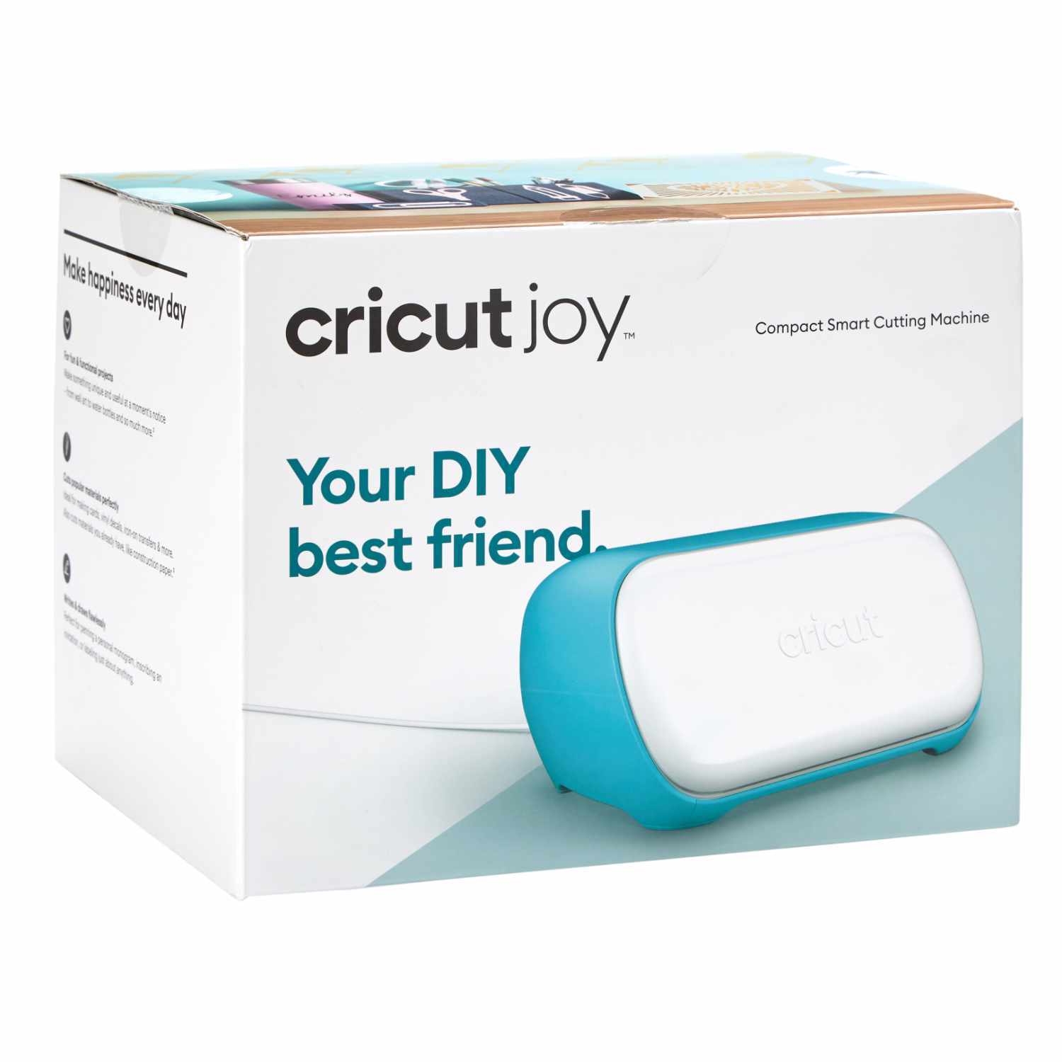 Joy Schneideplotter von Cricut in Blau und Weiß, präsentiert in einer Verpackung mit DIY-Slogan.