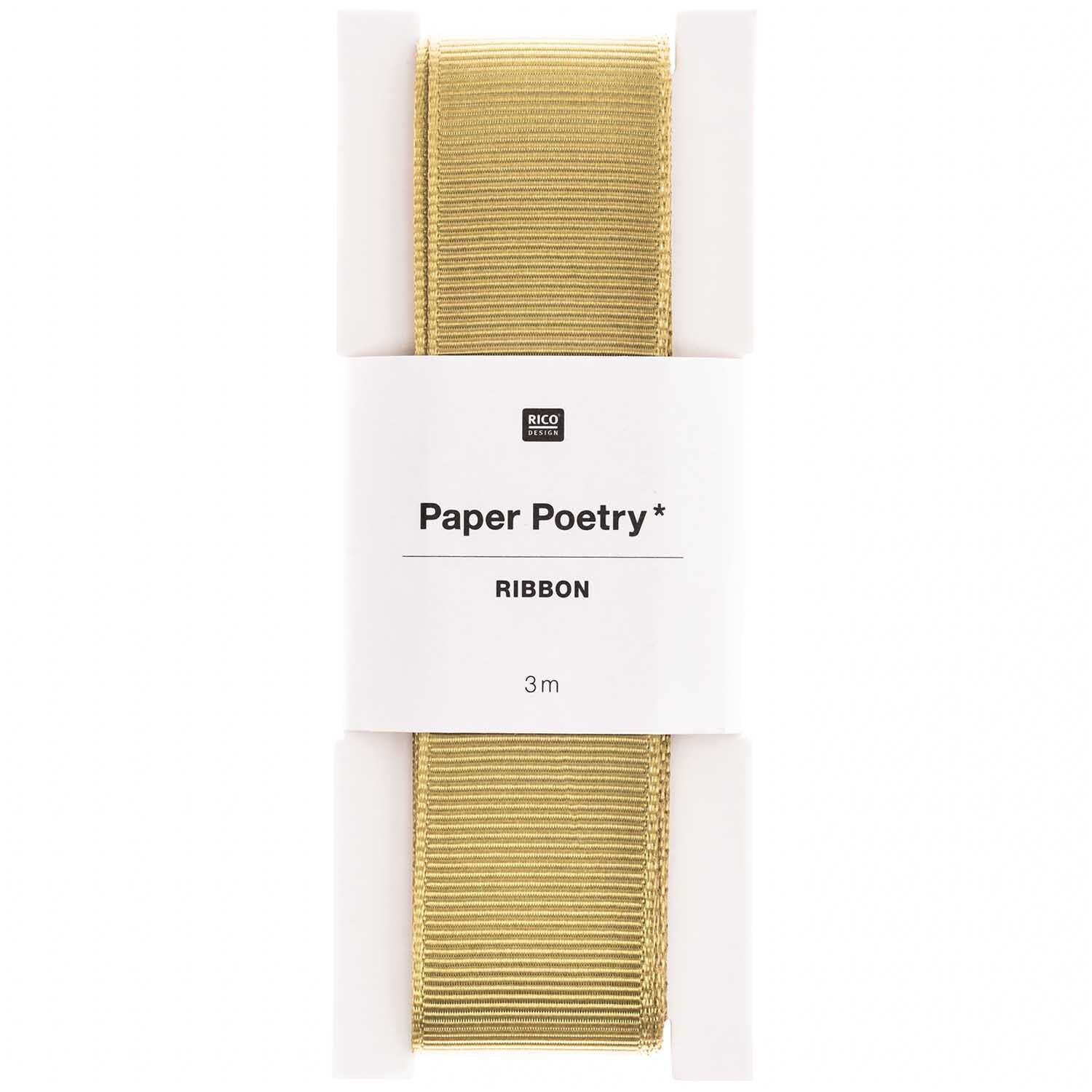 Paper Poetry Ripsband von Rico Design in Senfgelb, 25mm breit und 3m lang, auf weißem Hintergrund.