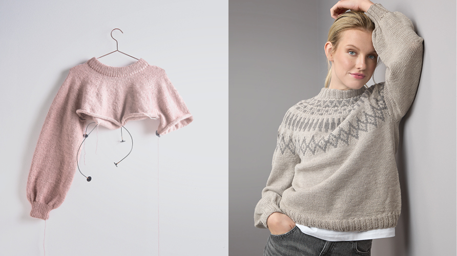 Zwei Bilder nebeneinander. Ein nicht fertiger Pullover aus rosa Garn mit Rundstricknadeln und eine Frau mit einem brau-grauem gestrickten Pullover.