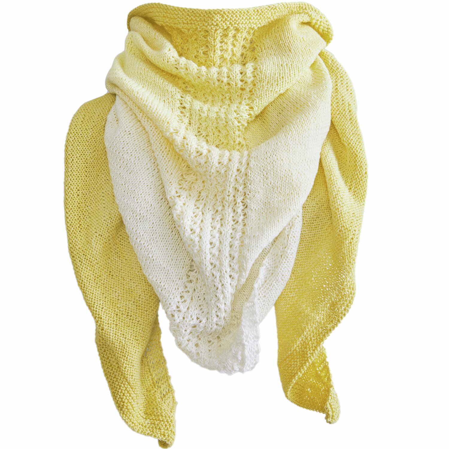 Creative Cotton Dégradé Lucky 8: Dreieckstuch in Zitronentönen, gestrickt aus weicher Baumwolle.