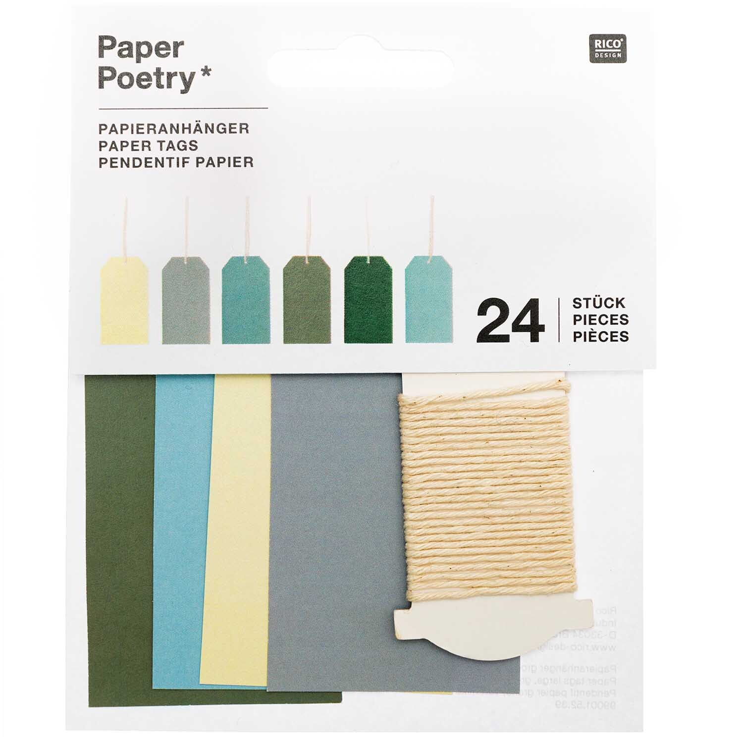 Paper Poetry Papieranhänger groß in verschiedenen Farben, 24 Stück, mit Schnur auf grauem Hintergrund. Ideal für kreative Projekte.
