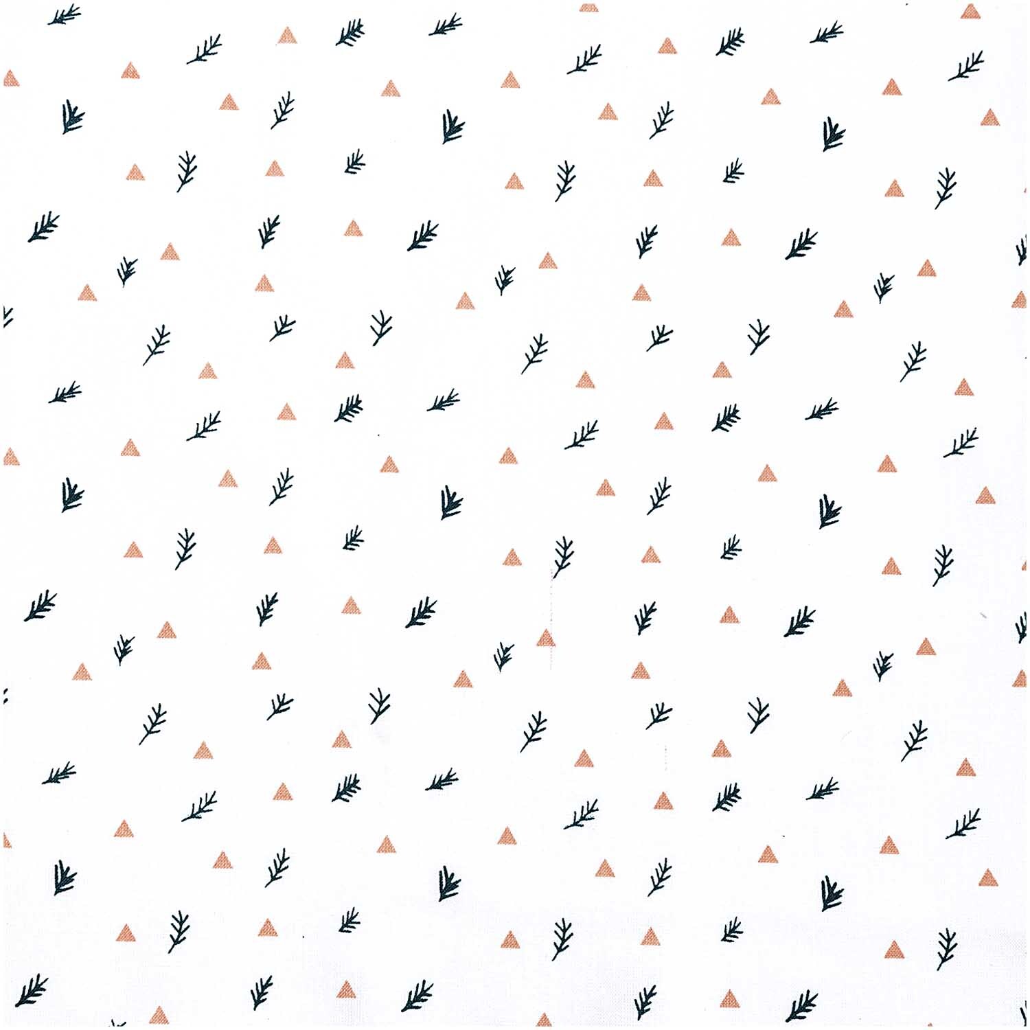 Druckstoff Zweige weiß 50x140cm von Rico Design zeigt ein Muster aus kleinen Zweigen und Dreiecken. Ideal für kreative Nähprojekte.