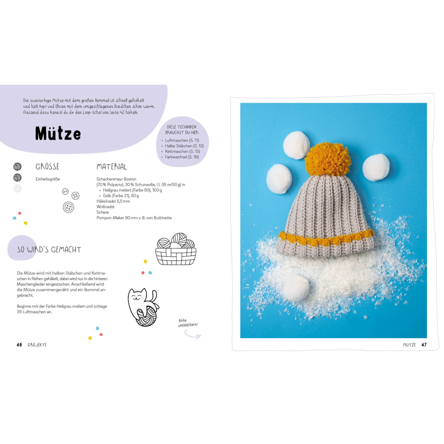 Häkeln - Super easy für Kids: Anleitung für eine gestrickte Mütze mit gelbem Bommel auf blauem Hintergrund. Ideal für Anfänger.