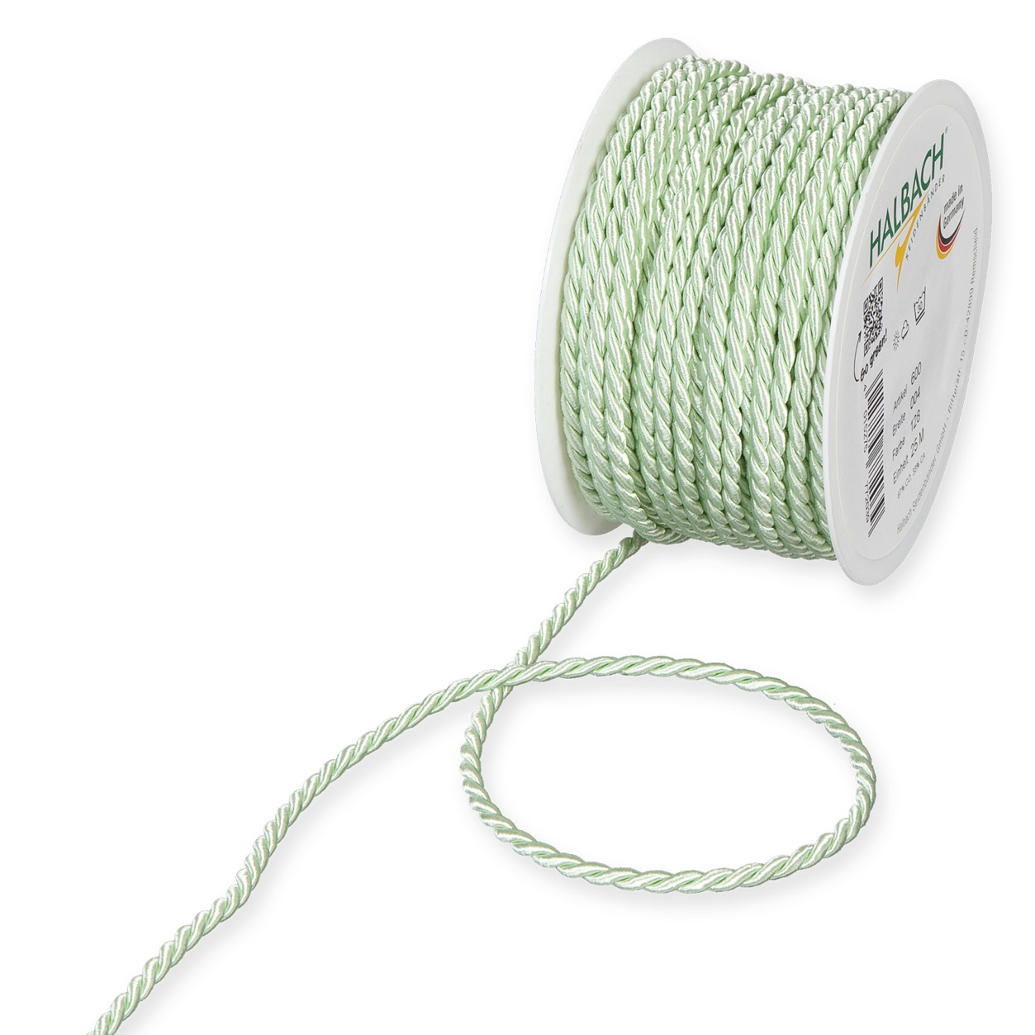 Kordel 4mm 5m: Mintfarbene Kordel auf Rolle von Halbach, ideal für kreative Bastelprojekte.