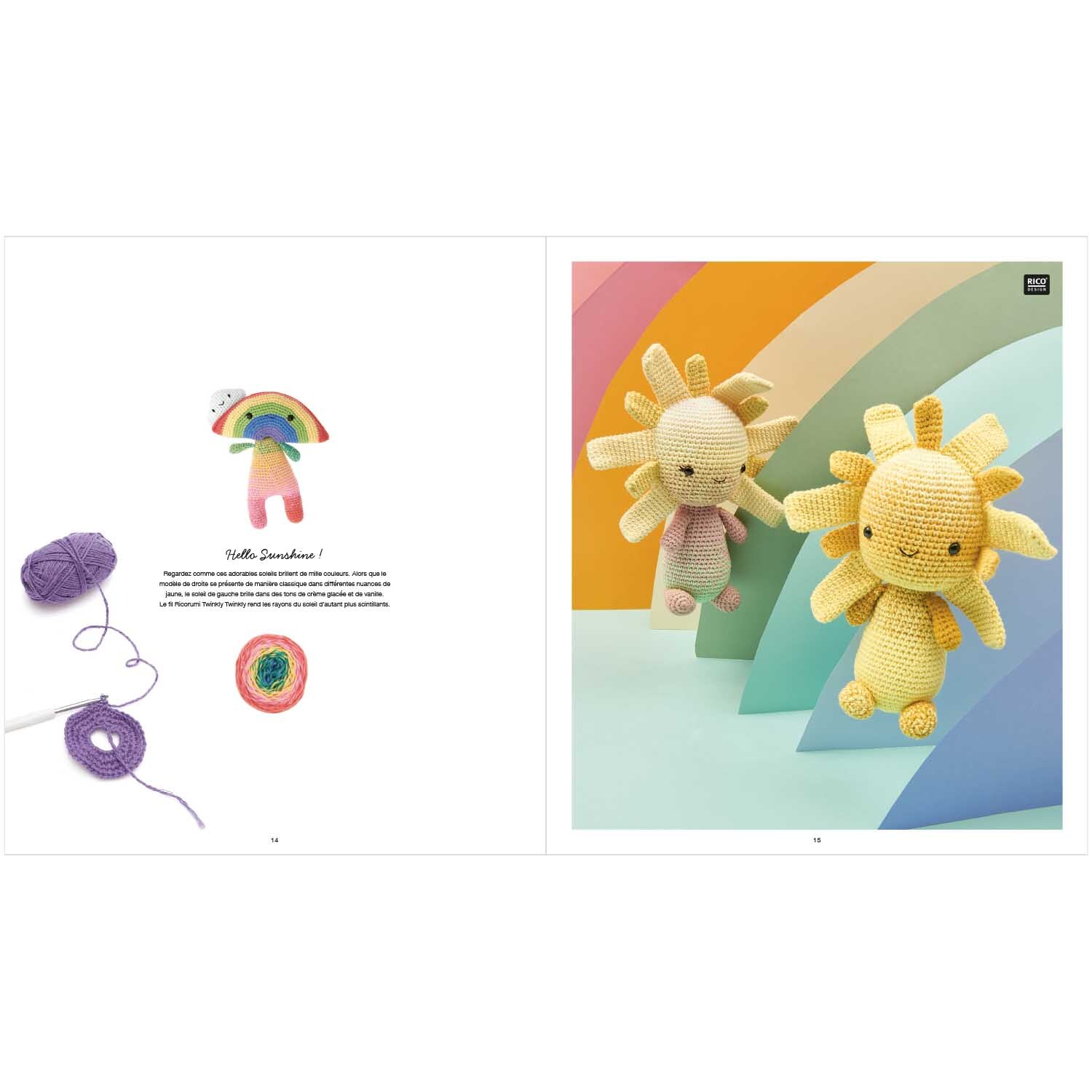 Ricorumi Element Heads französisch: Zwei gehäkelte Sonnenfiguren vor einem bunten Regenbogenhintergrund.