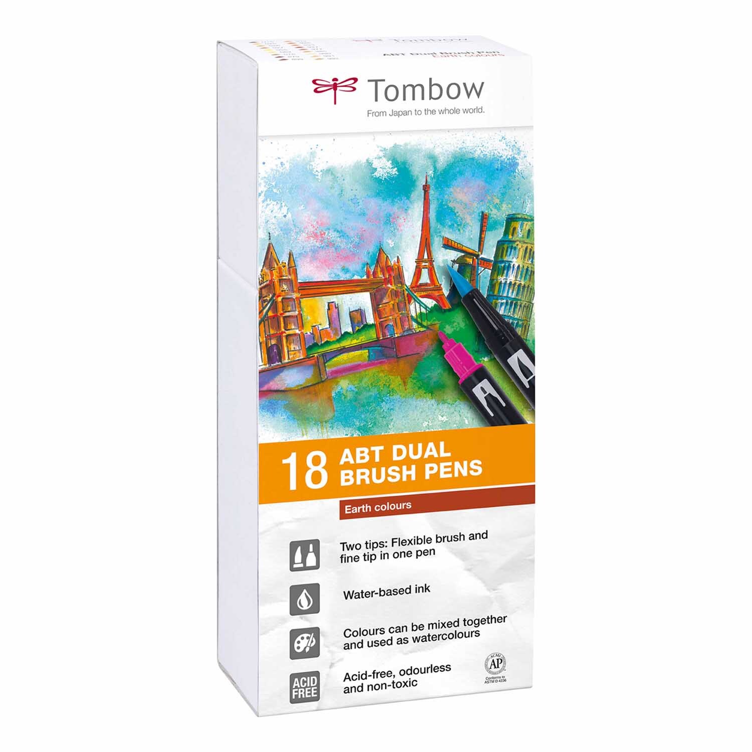 ABT Dual Brush Pen Erdfarben 18er Set von Tombow, zeigt bunte Stadtlandschaft und Stifte.