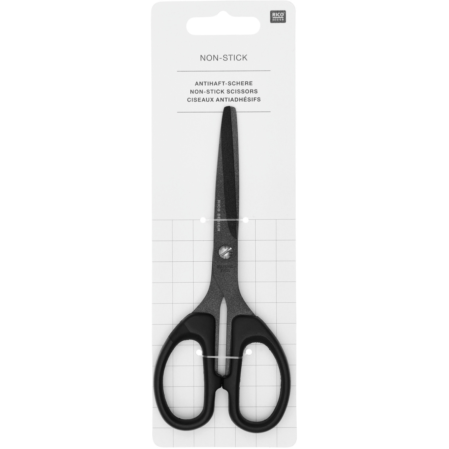 Antihaft Schere von Rico Design in Schwarz, ideal für präzises Schneiden. Verpackung zeigt Schere mit ergonomischem Griff.