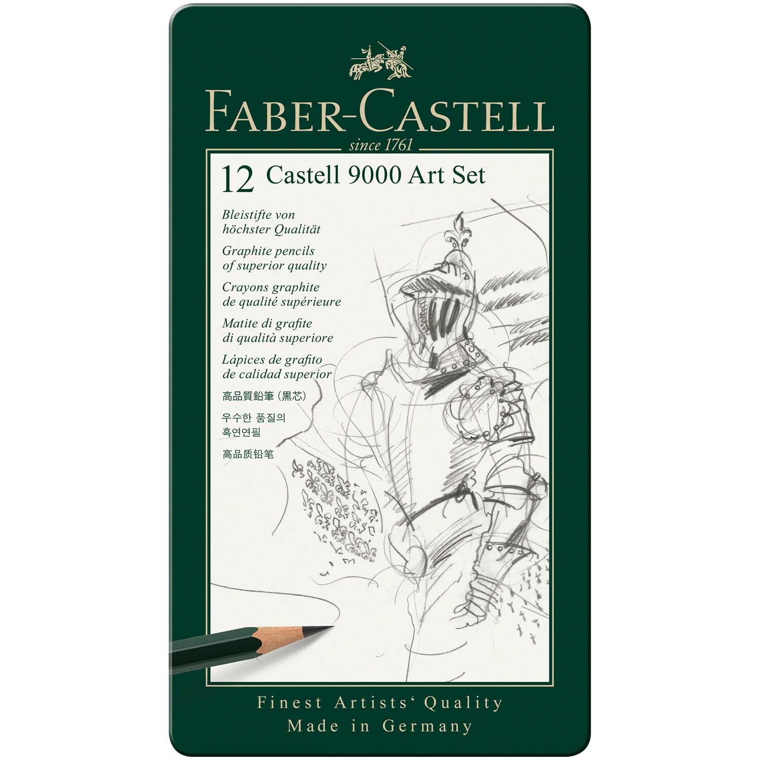 9000 Art Set: Skizze eines Ritters auf grauer Verpackung, 12-teilig, von Faber Castell.