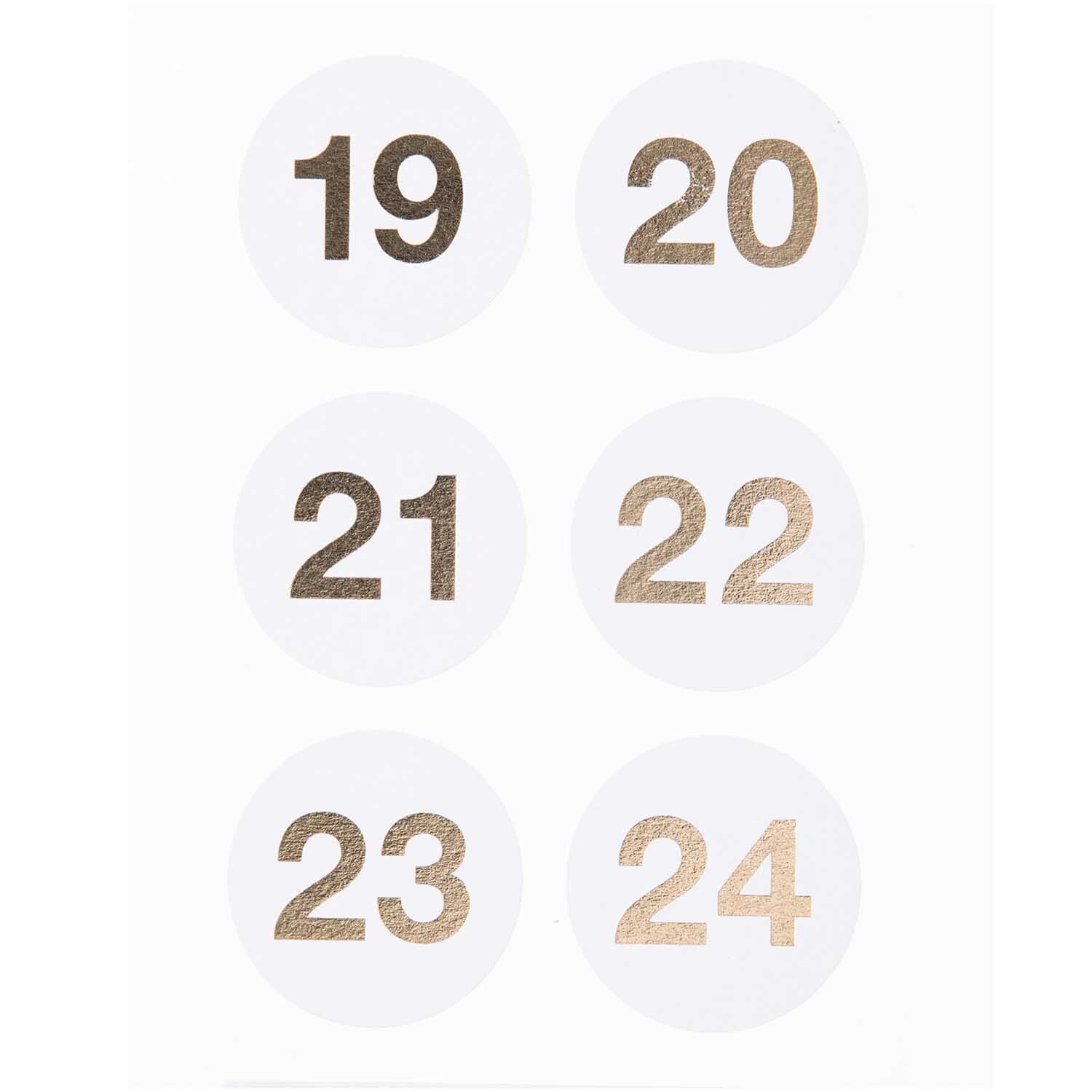 Paper Poetry Adventskalender Sticker zeigen Zahlen 19 bis 24 in Gold auf weißen Kreisen. Ideal für kreative Kalenderprojekte.