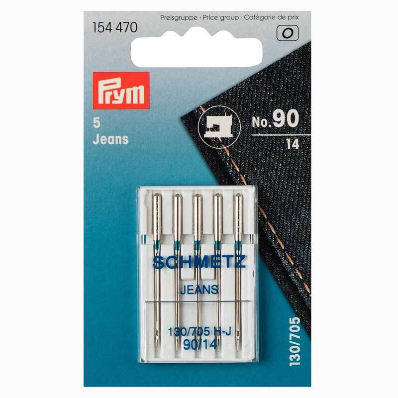 Nähmaschinennadeln 130/705 Jeans Nr.90, 5 Stück von Prym in silberner Verpackung mit Jeansmotiv.